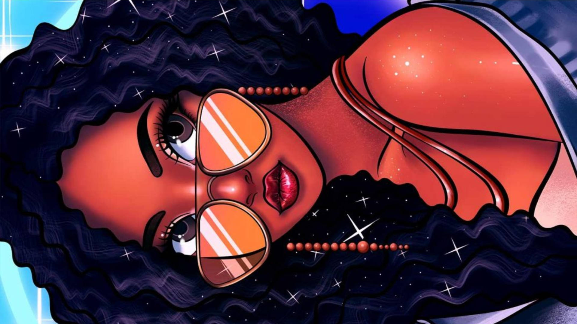 black cartoon girl 桌布 壁紙 — 一幅風格化的插圖，描繪一位擁有宇宙髮型和星星太陽眼鏡的女性，在星空下休憩。