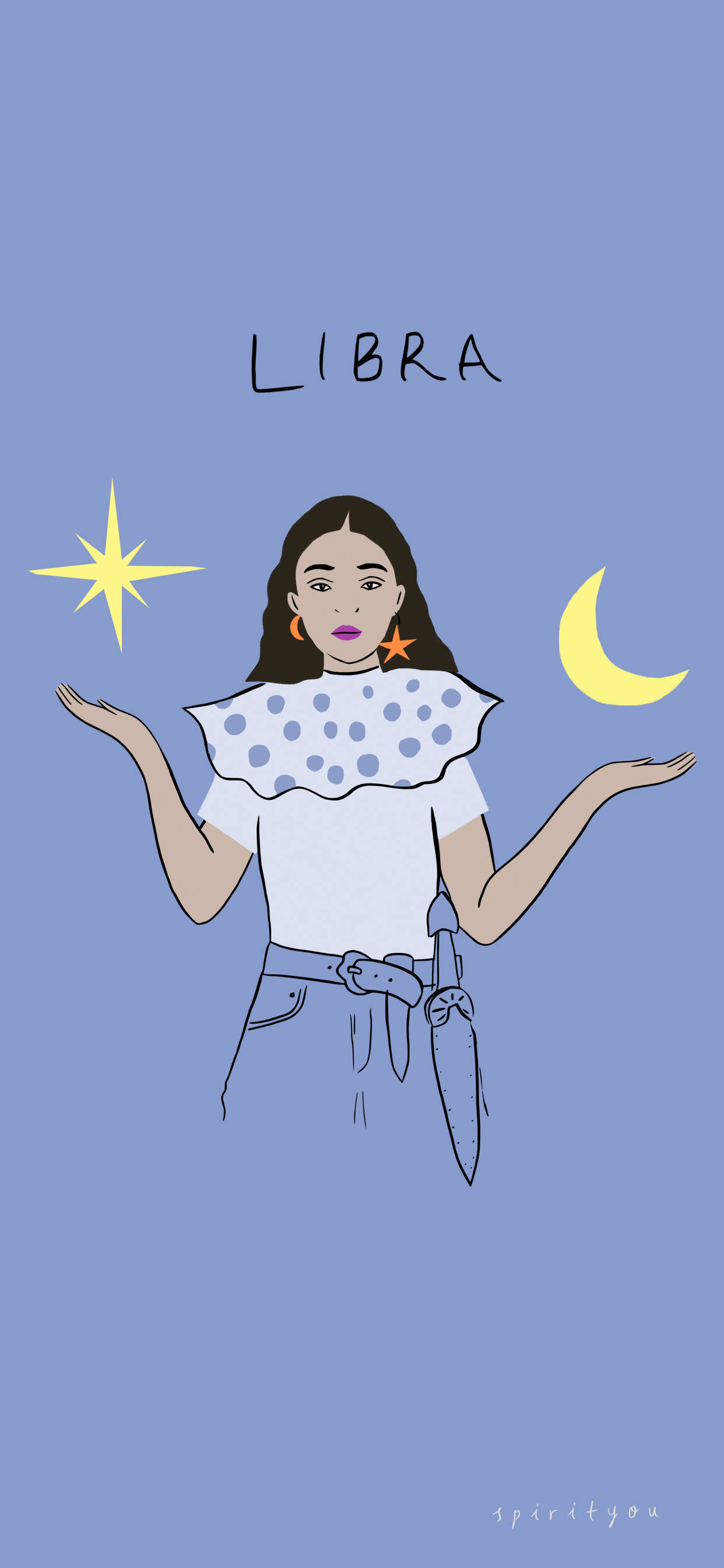 女孩 桌布 壁紙 — 一幅風格化的插圖，描繪一位標有「天秤座」的女性，帶有星星和月亮符號，背景為純藍色。
