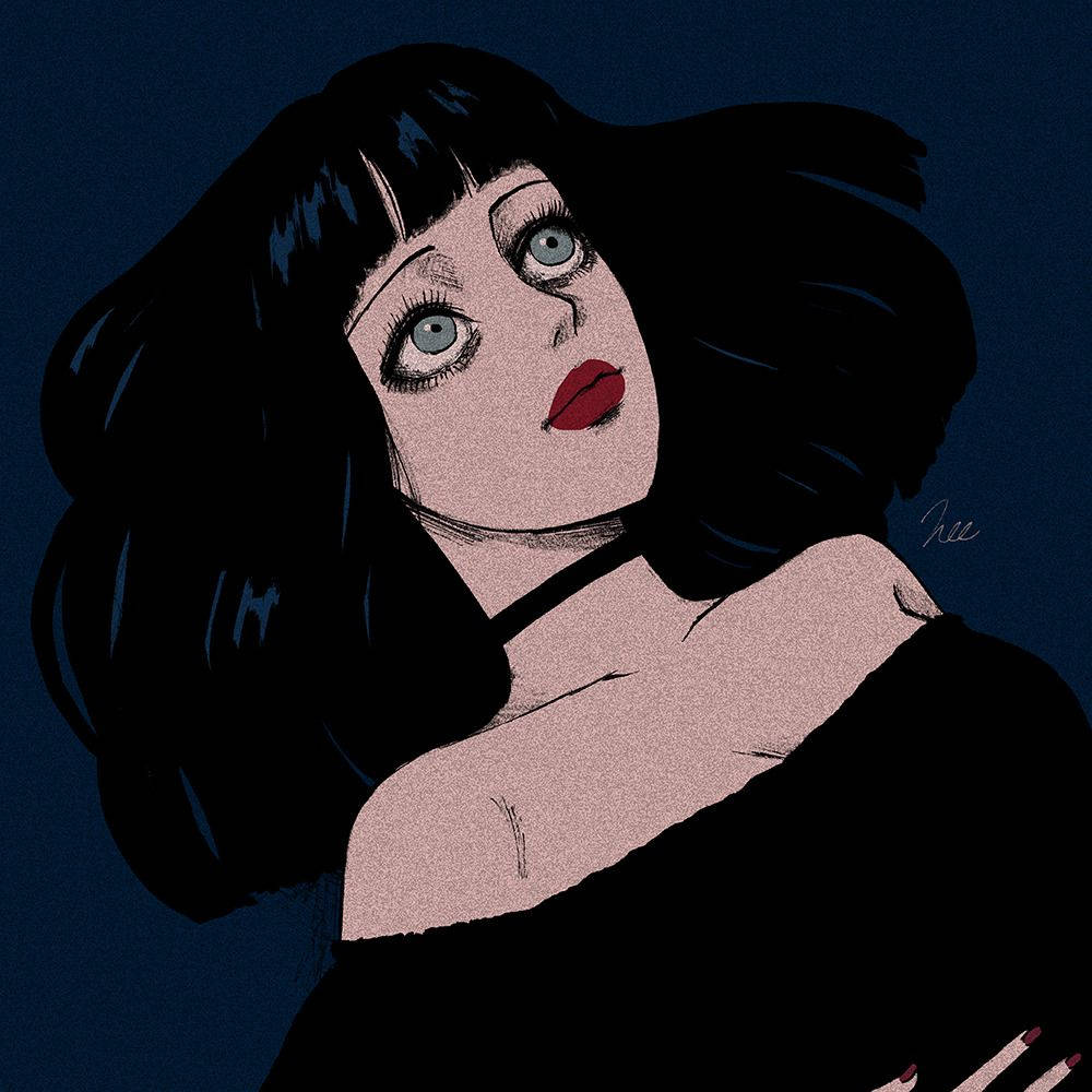 Girl Aesthetic 桌布 壁紙 — 一幅風格化的插圖，描繪一位深色頭髮、紅唇的女性，背景為深藍色。