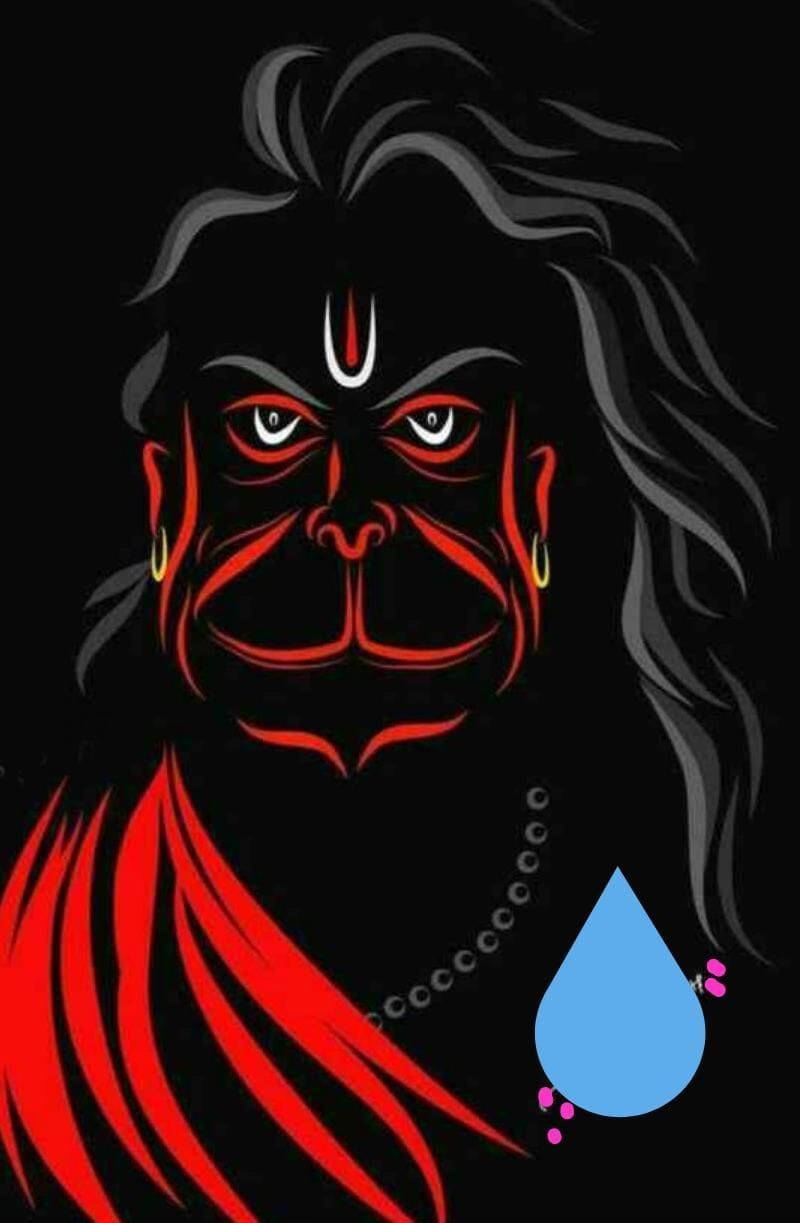 Hanuman 桌布 壁紙 — 一幅風格化的插圖，描繪一個紅臉猴神，眼睛發光，頭髮飄逸，背景為黑色。