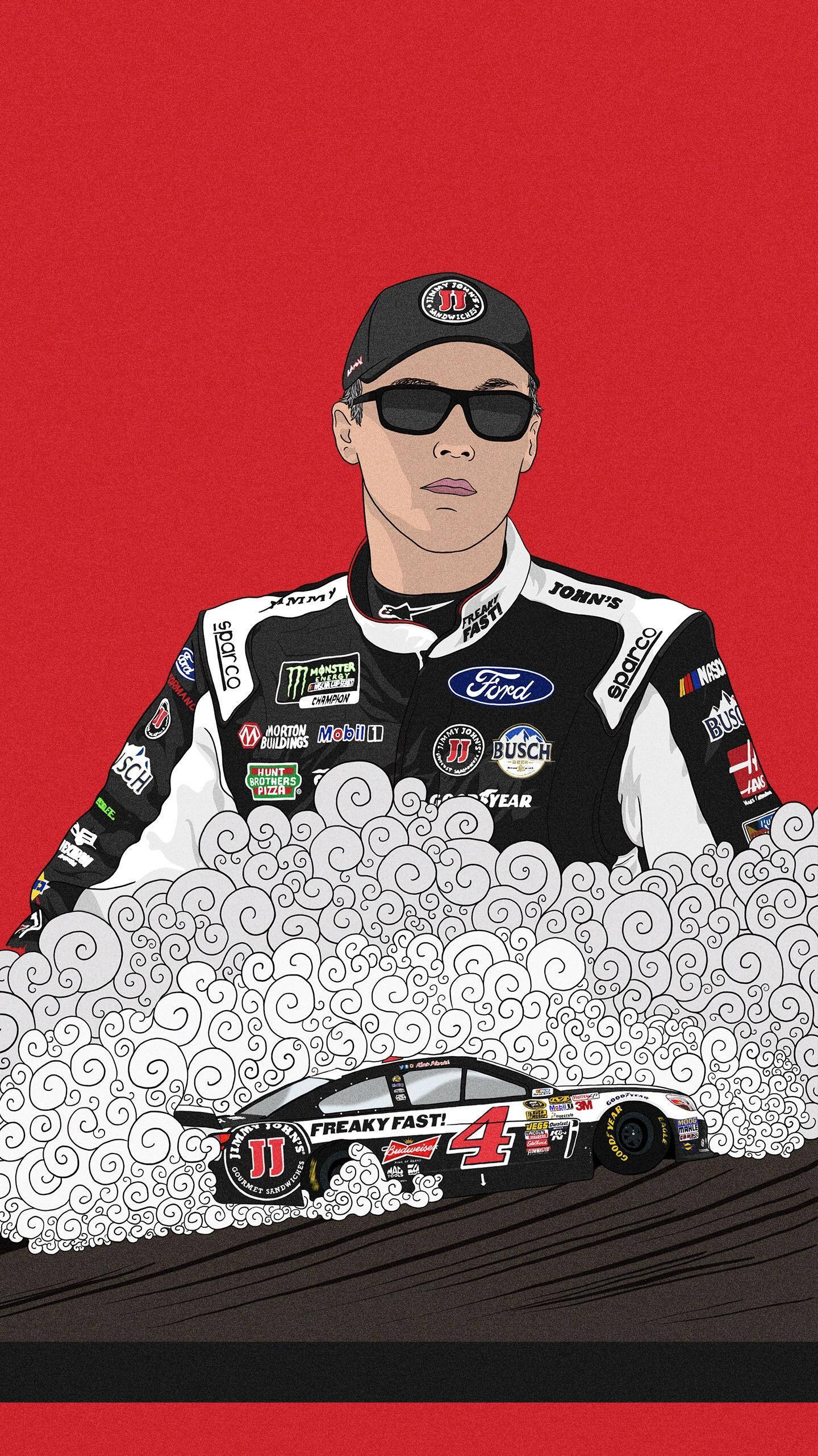 Kevin Harvick 桌布 壁紙 — 一幅風格化的插圖，描繪一名NASCAR車手穿著賽車裝備，他的賽車從旋轉的煙霧中出現，背景為大膽的紅色。