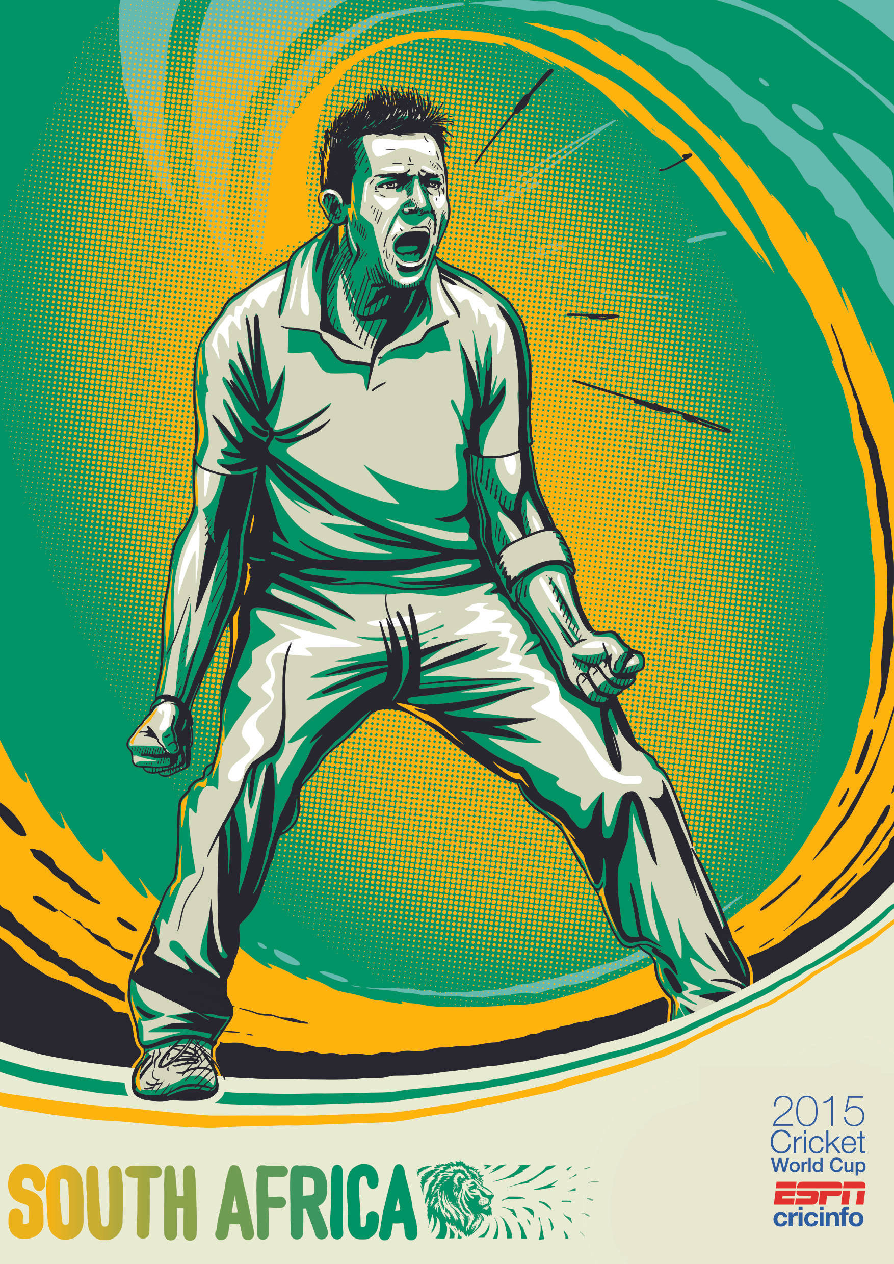 south africa cricket 桌布 壁紙 — 一幅風格化的插圖，描繪一名南非板球運動員正在比賽，對著旋轉的綠色和黃色背景猛烈咆哮。