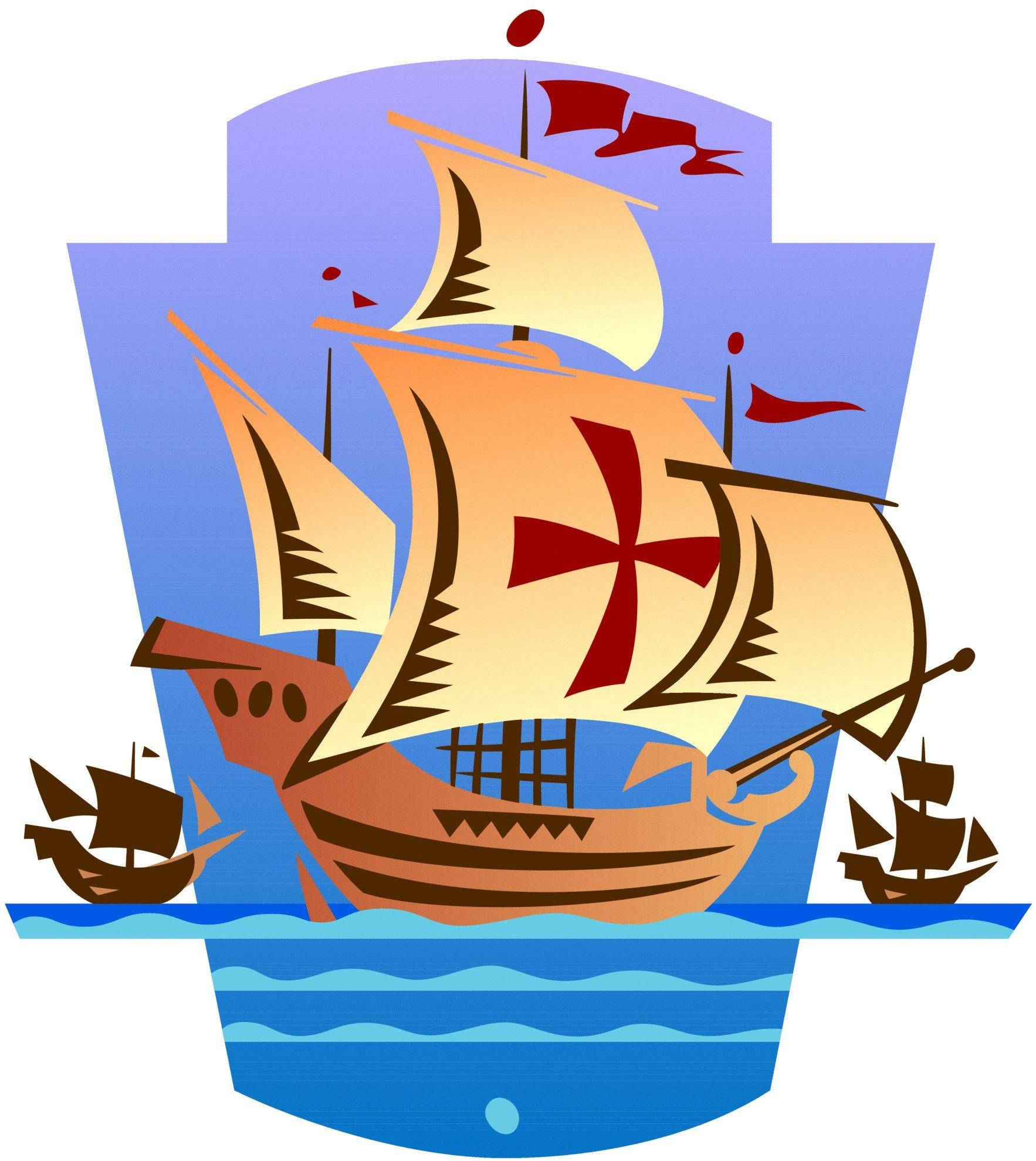 Columbus Day 桌布 壁紙 — 一幅風格化的插圖，描繪一艘帶有紅色十字帆的大型帆船和較小的船隻在藍色波浪上，背景是紫色天空。