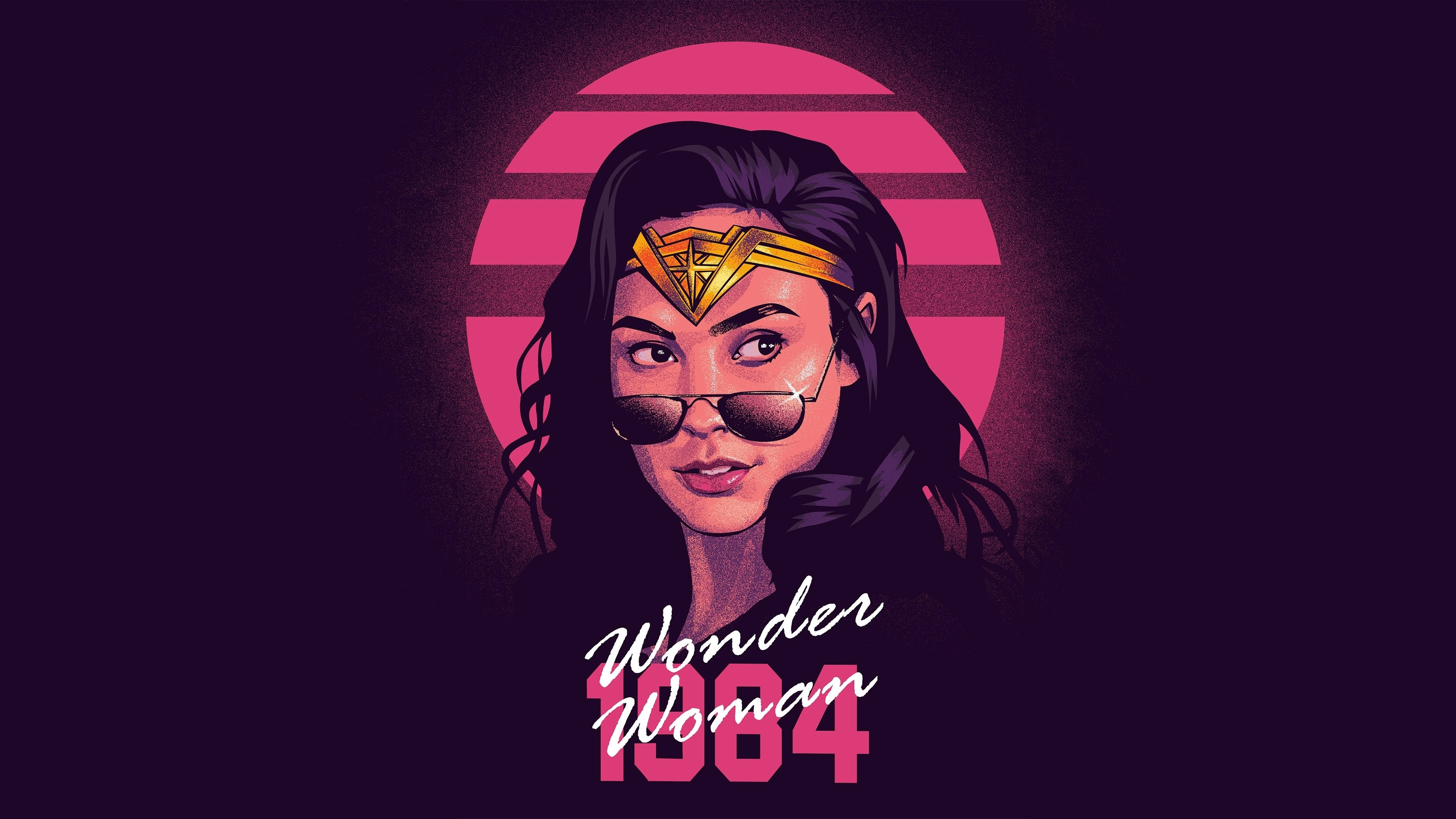 Wonder Woman 1984 桌布 壁紙 — 一幅風格化的插圖，描繪了1984年的神力女超人戴著太陽眼鏡，背景是粉紅色的太陽爆發。