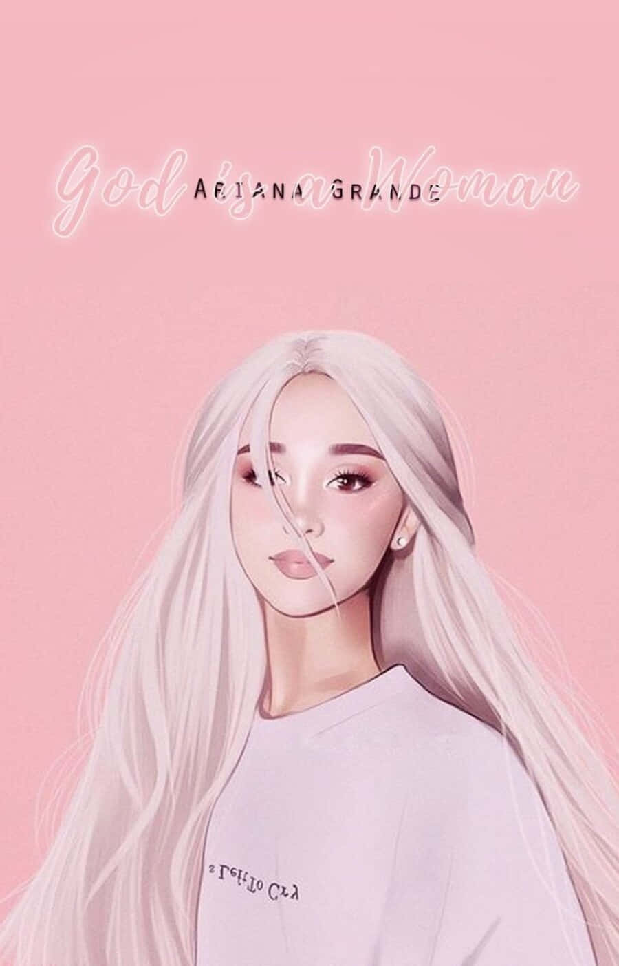 Aesthetic Ariana Grande 桌布 壁紙 — 一幅風格化的插圖，描繪了Ariana Grande，擁有長長的鉑金色頭髮，背景是柔和的粉紅色，並帶有她的名字和歌曲標題。