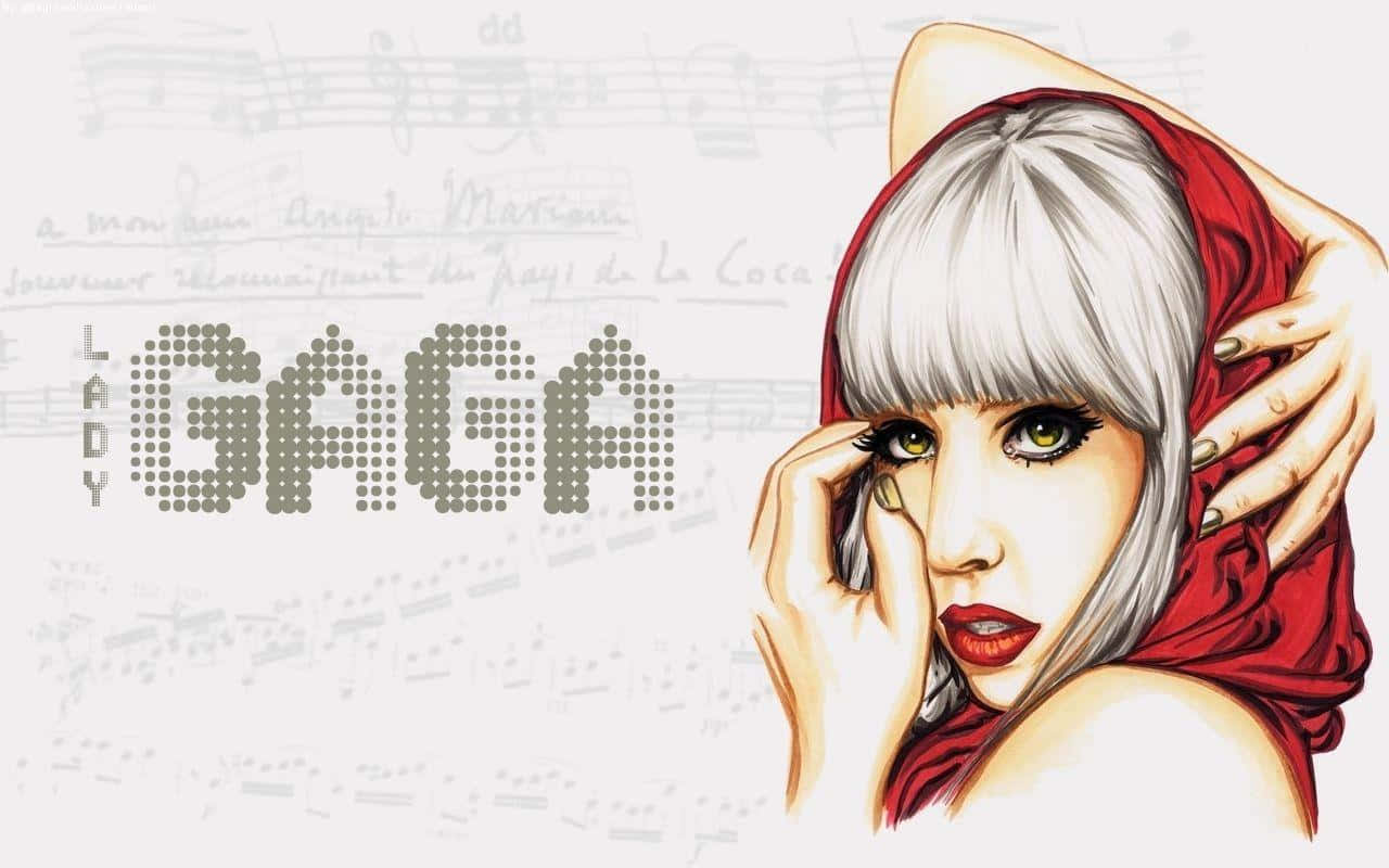 女神卡卡 桌布 壁紙 — 一幅風格化的插圖，描繪了Lady Gaga，銀色頭髮和紅色圍巾，背景為樂譜。