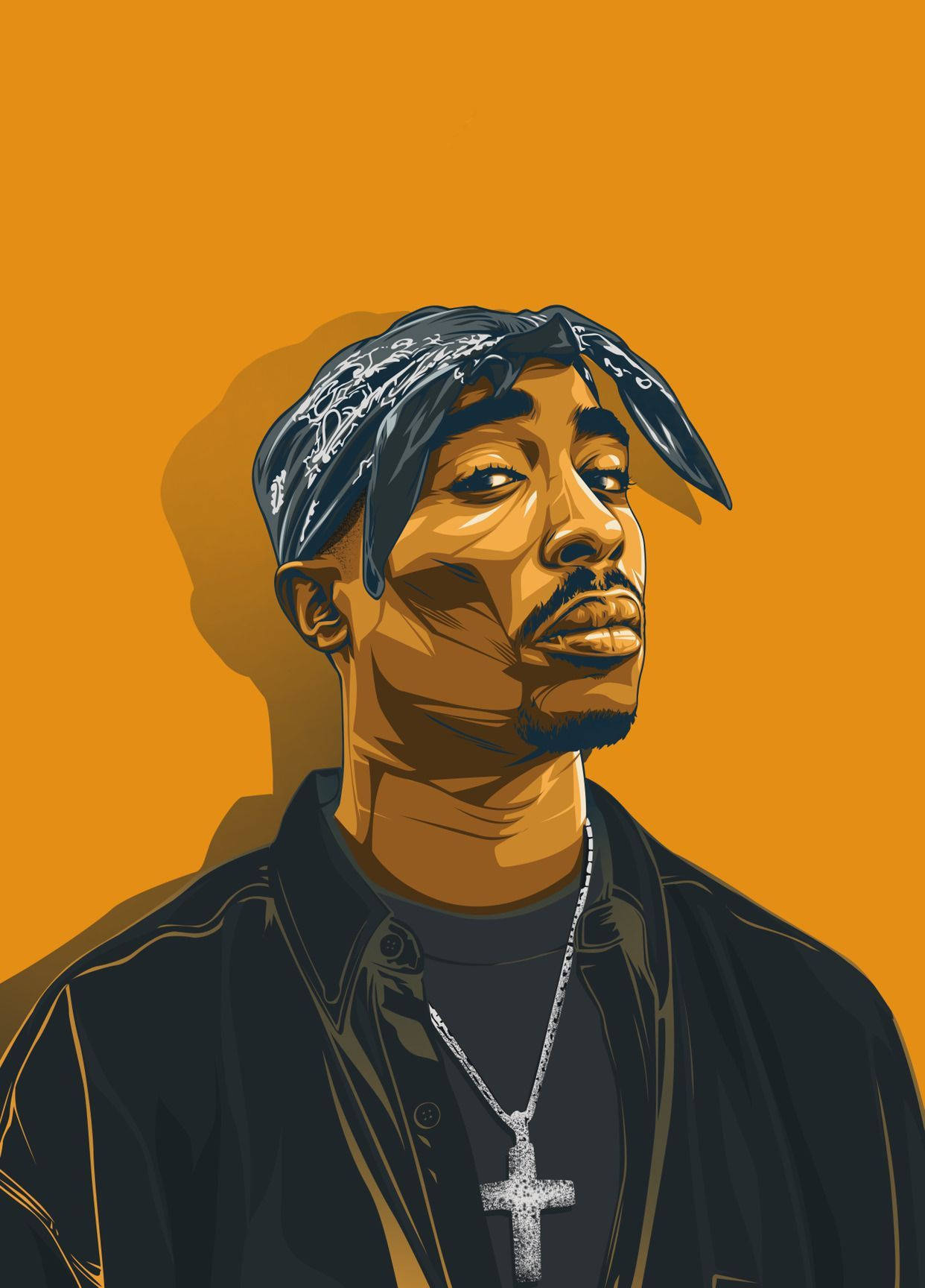 Tupac iPhone 桌布 壁紙 — 一幅風格化的插圖，描繪了Tupac Shakur的側面輪廓，背景為純橙色，戴著頭巾和十字架項鍊。