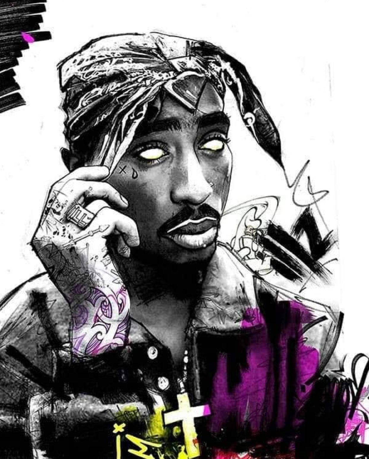 桌布 壁紙 — 一幅風格化的插圖，描繪了Tupac Shakur，眼睛發光，帶有紫色紋身，在塗鴉背景前手持電話。