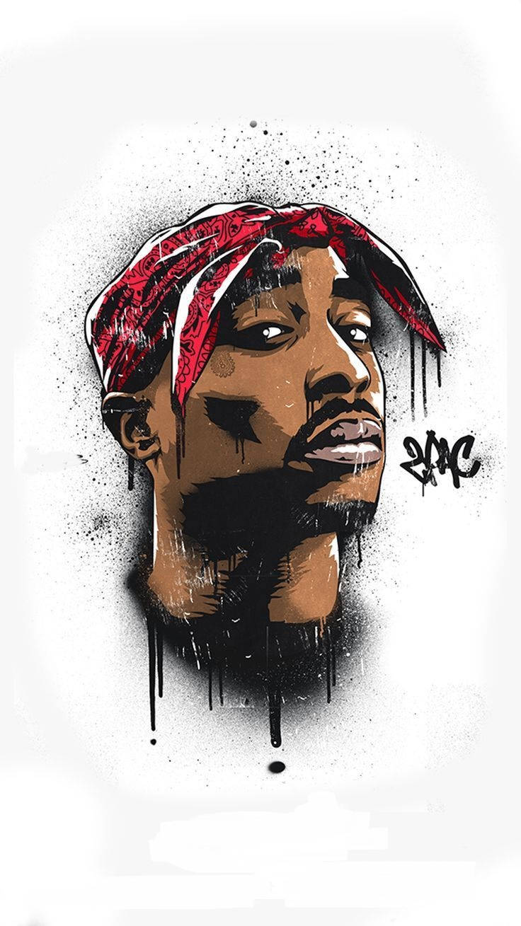 tupac 桌布 壁紙 — 一幅風格化的插圖，描繪了Tupac Shakur戴著紅色頭巾，黑色墨水在白色背景上滴落。