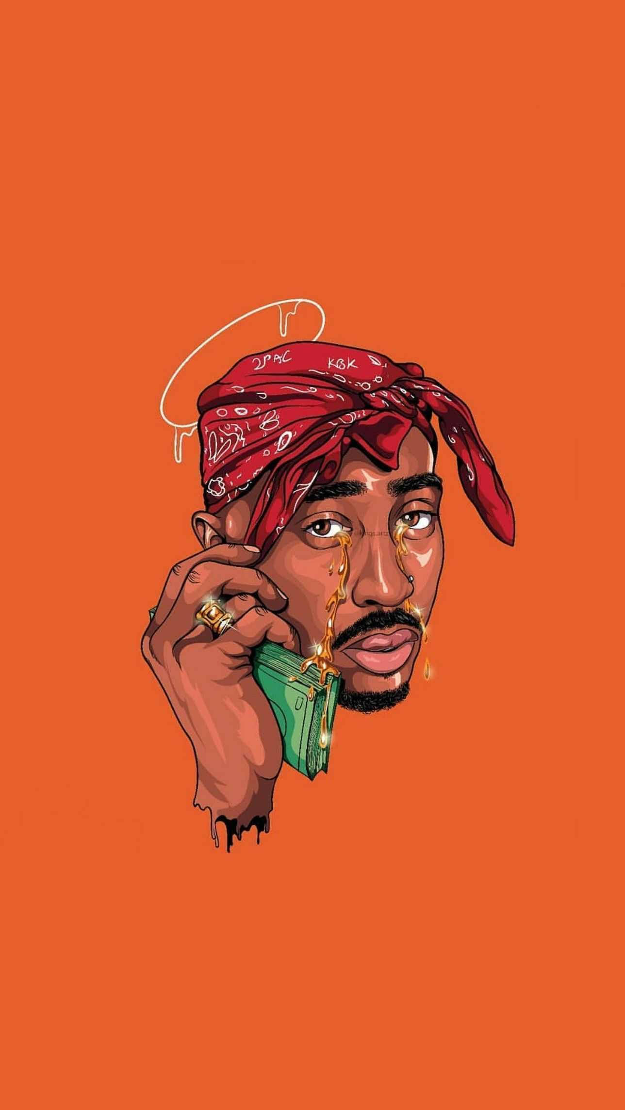 tupac 桌布 壁紙 — 一幅風格化的插圖，描繪了Tupac Shakur戴著紅色頭巾，手持一把綠色槍支，槍上有金色液體滴落，背景為純橙色。