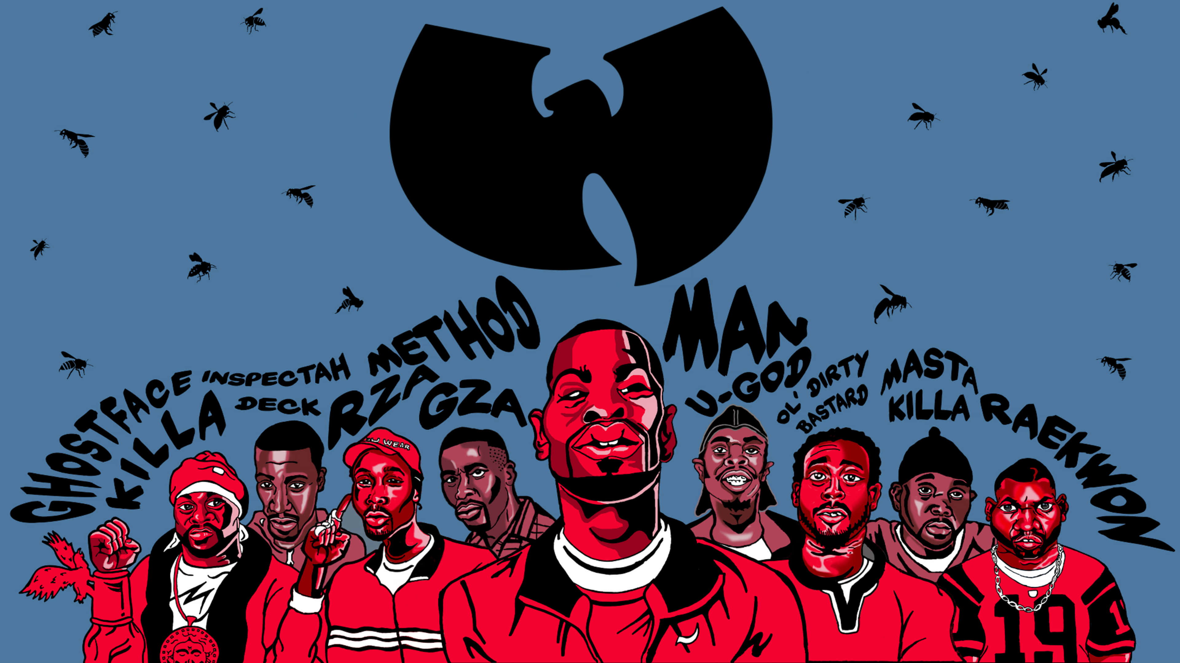 Hip Hop Dance 桌布 壁紙 — 一幅風格化的插圖，描繪了Wu-Tang Clan成員穿著紅色外套，背景為藍色，帶有黑色蒼蠅和Wu-Tang標誌。