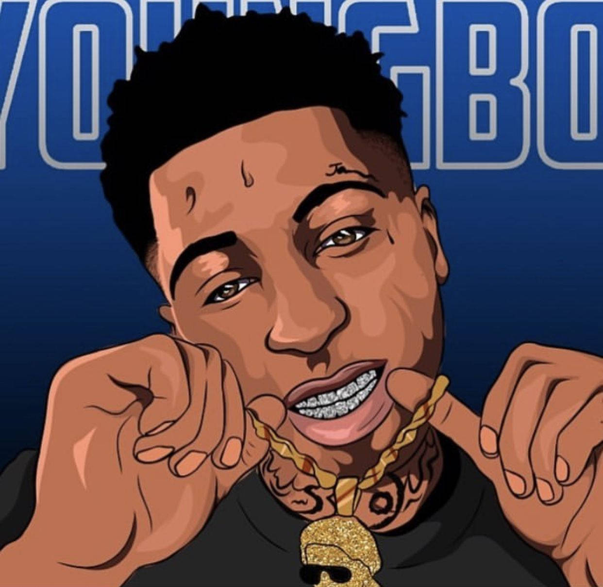 YoungBoy Nickelodeon 插圖，戴著鑽石牙套和金鍊。