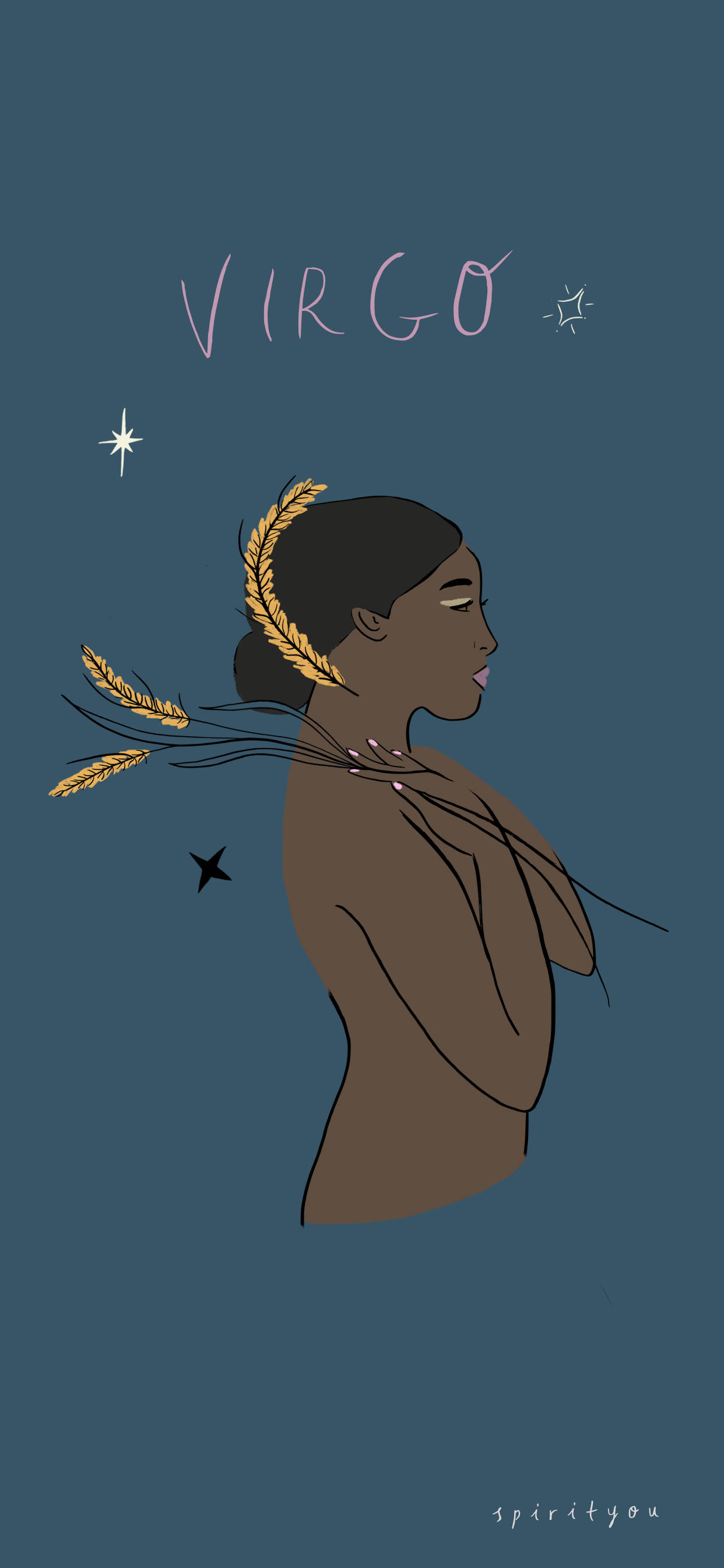 Virgo 桌布 壁紙 — 一幅風格化的插圖，描繪了一位側面輪廓的女性，點綴著小麥穗，背景是深藍色，帶有星星和處女座字樣。