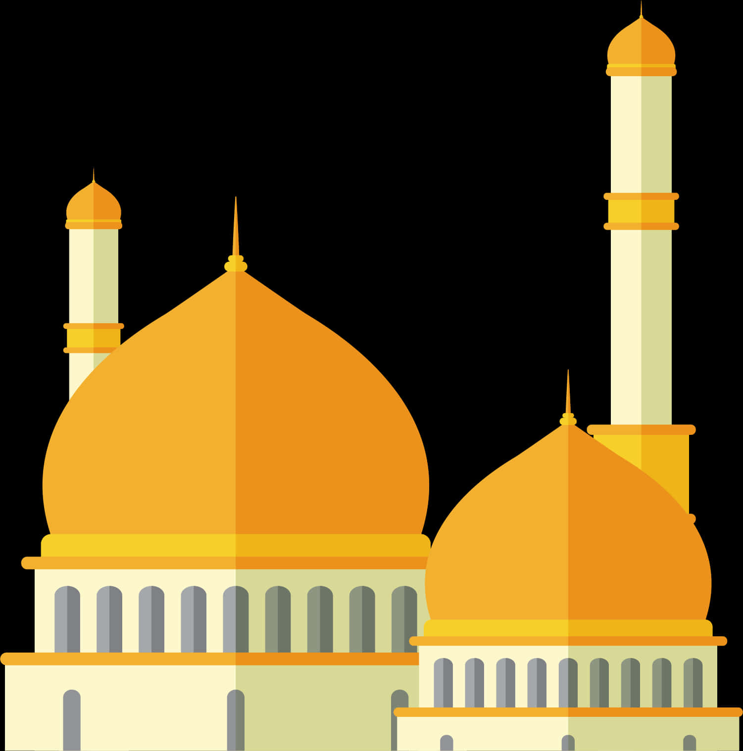 Mosque 桌布 壁紙 — 一幅風格化的插圖，描繪了一座帶有金色圓頂和米色宣禮塔的清真寺，背景為黑色。