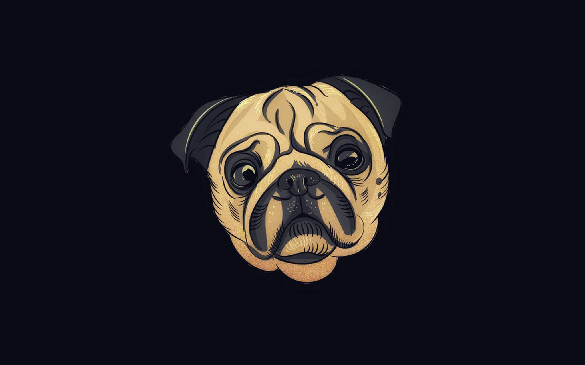 Dog Art 桌布 壁紙 — 一幅風格化的插圖，描繪了一隻哈巴狗的臉，眼睛富有表現力，背景為深色。
