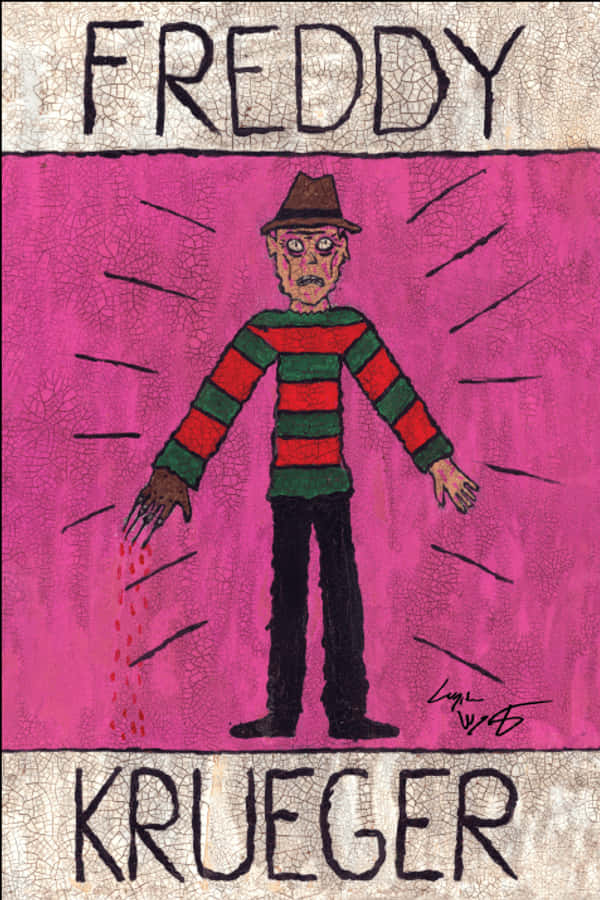 Freddy Krueger 桌布 壁紙 — 一幅風格化的插圖，描繪了佛萊迪·克魯格穿著他標誌性的條紋毛衣和帽子，背景是充滿活力的粉紅色，帶有放射狀線條。