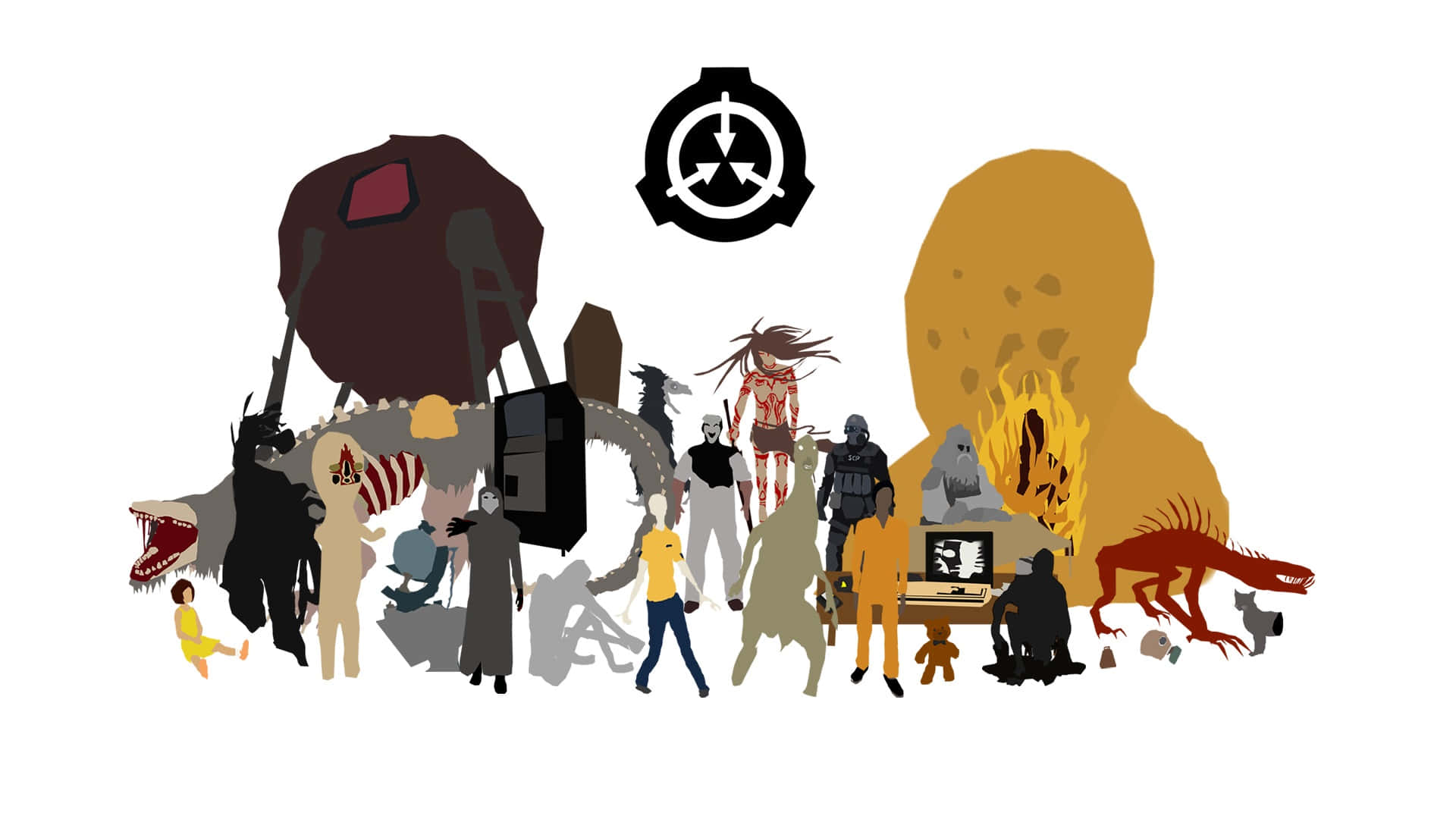 SCP 桌布 壁紙 — 一幅風格化的插圖，描繪了來自不同虛構宇宙的各種角色和生物聚集在一起。