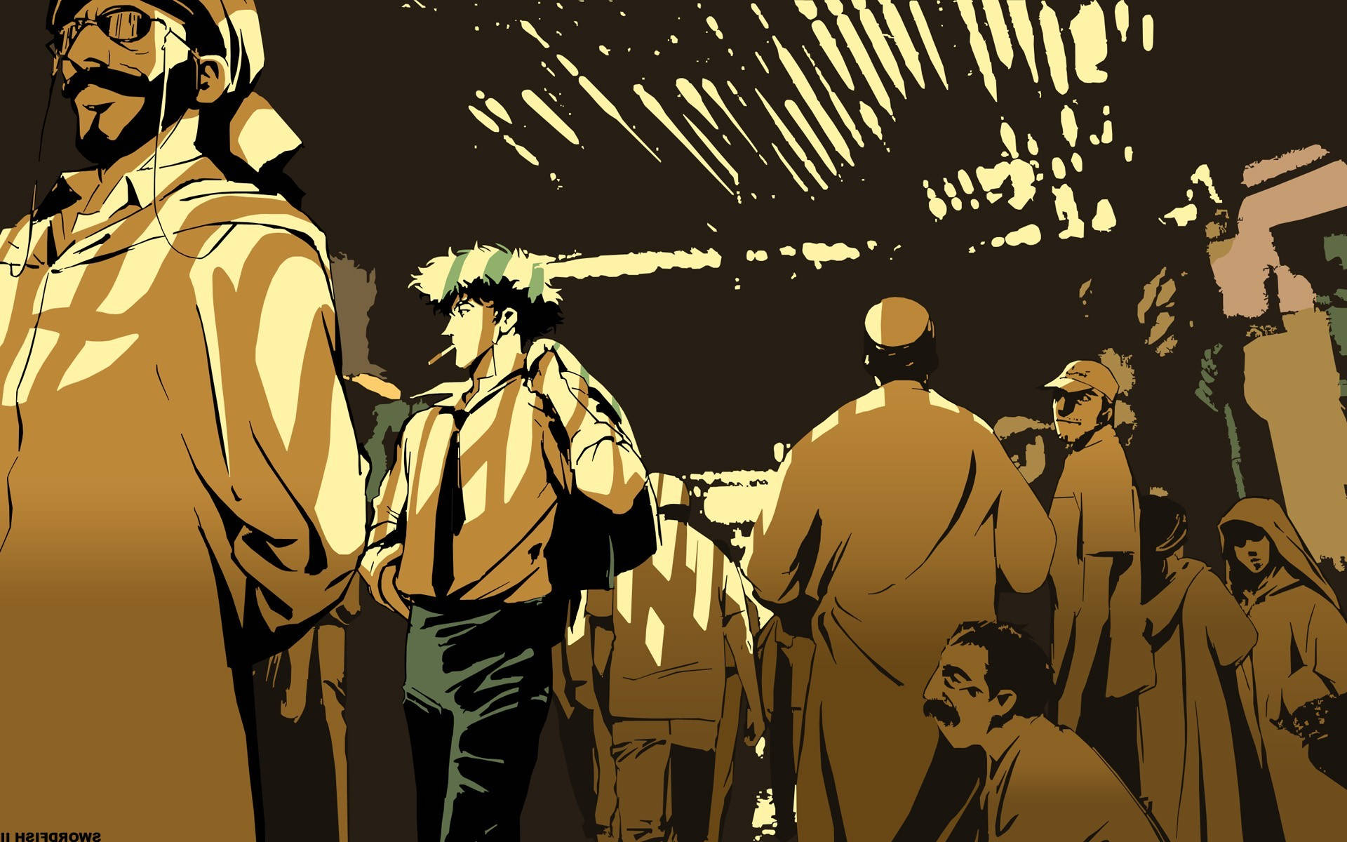 Cowboy Bebop Desktop 桌布 壁紙 — 一幅風格化的插圖，描繪了在戲劇性金色燈光下，擁擠城市環境中的多元人群。