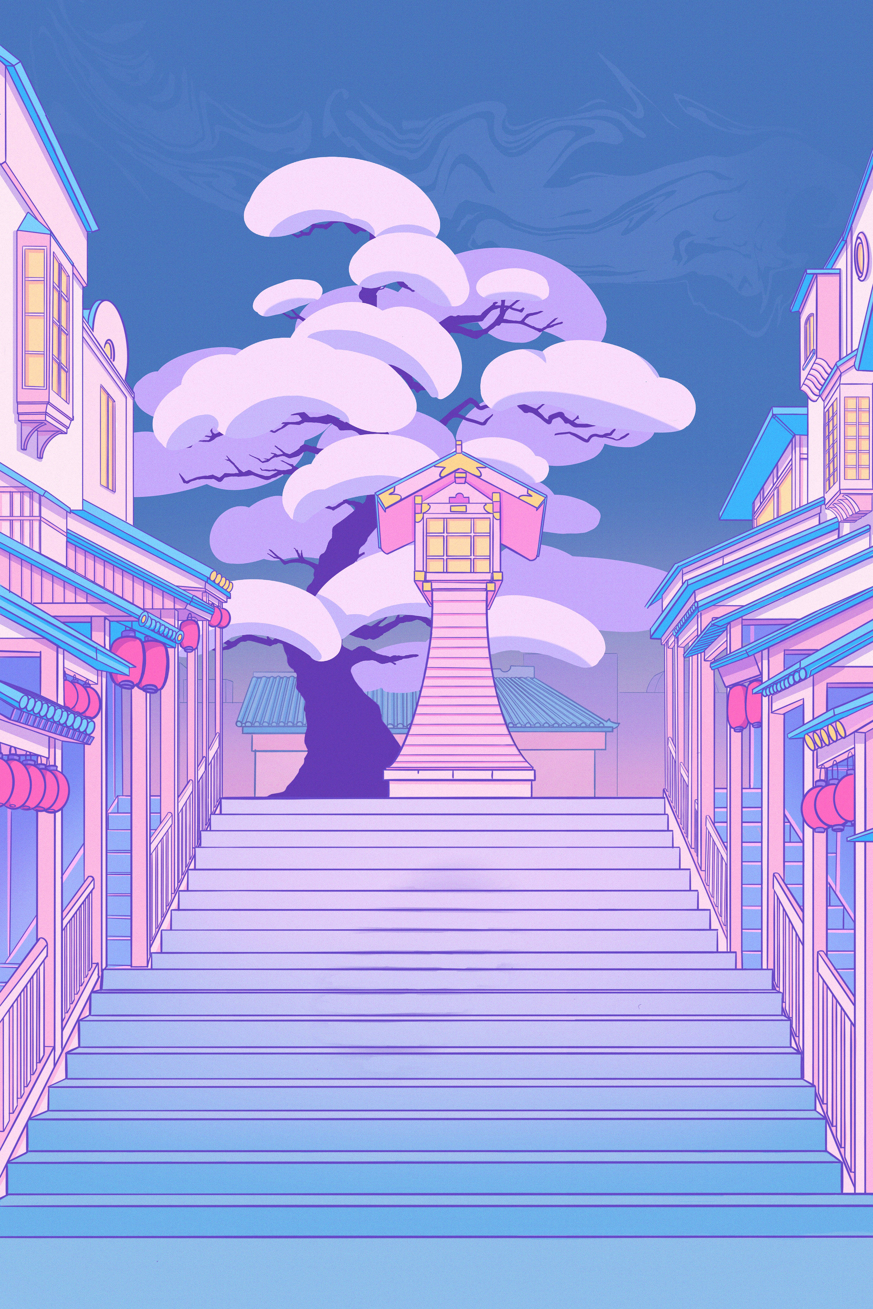 Vibes 桌布 壁紙 — 一幅風格化的插圖，描繪了在紫色天空下，一條積雪的樓梯通往神社，周圍是積雪的樹木。