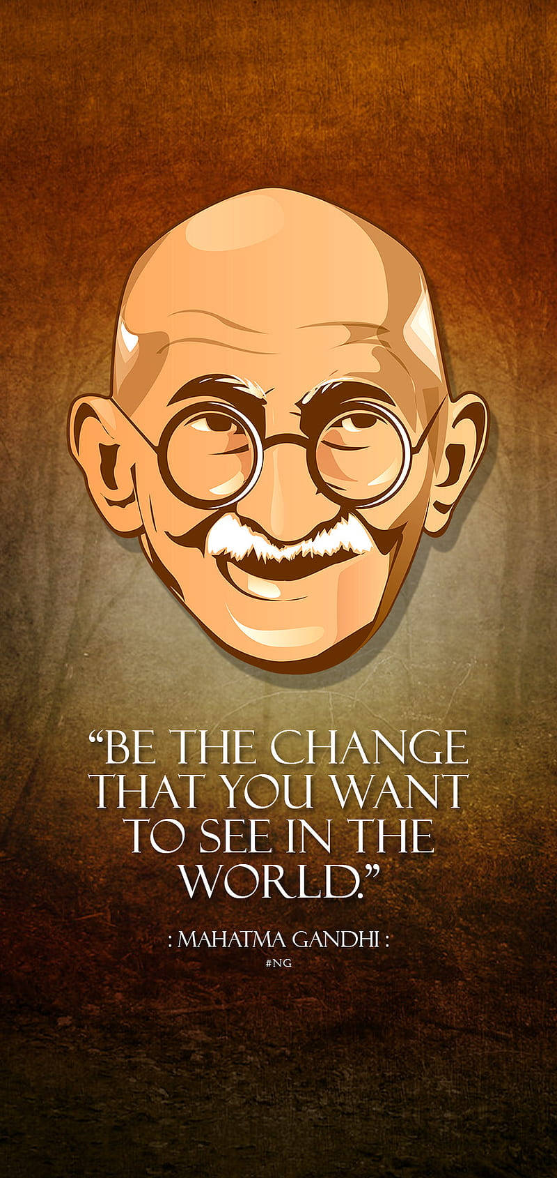 Mahatma Gandhi 桌布 壁紙 — 一幅風格化的插圖，描繪了戴著圓框眼鏡微笑的聖雄甘地，背景是帶有紋理的棕色，並附有他的名言。