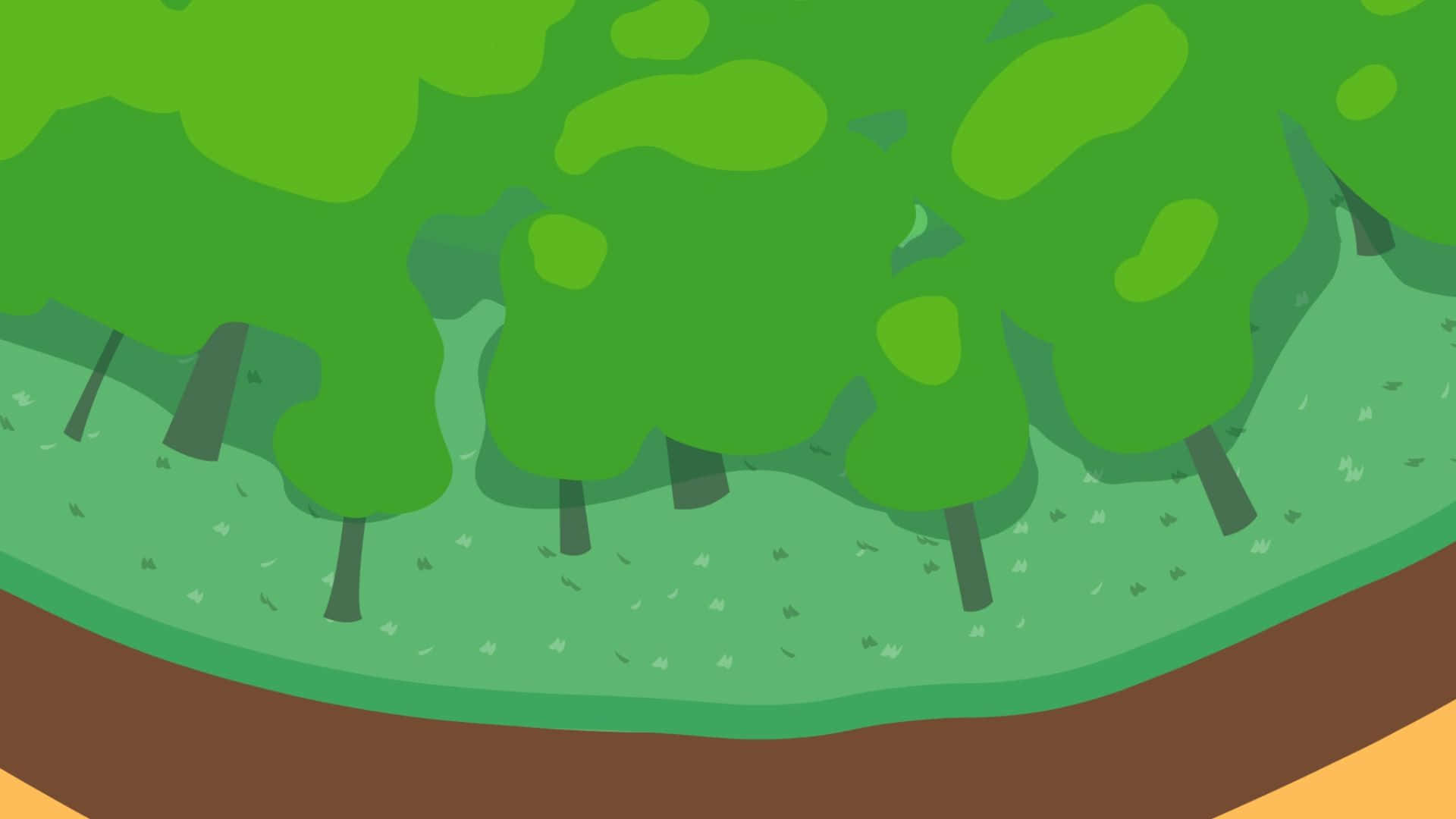 Bfdi 桌布 壁紙 — 一幅風格化的插圖，描繪了茂密的綠色樹木，帶有圓形樹冠和深色樹幹，背景是草地和棕色泥土。