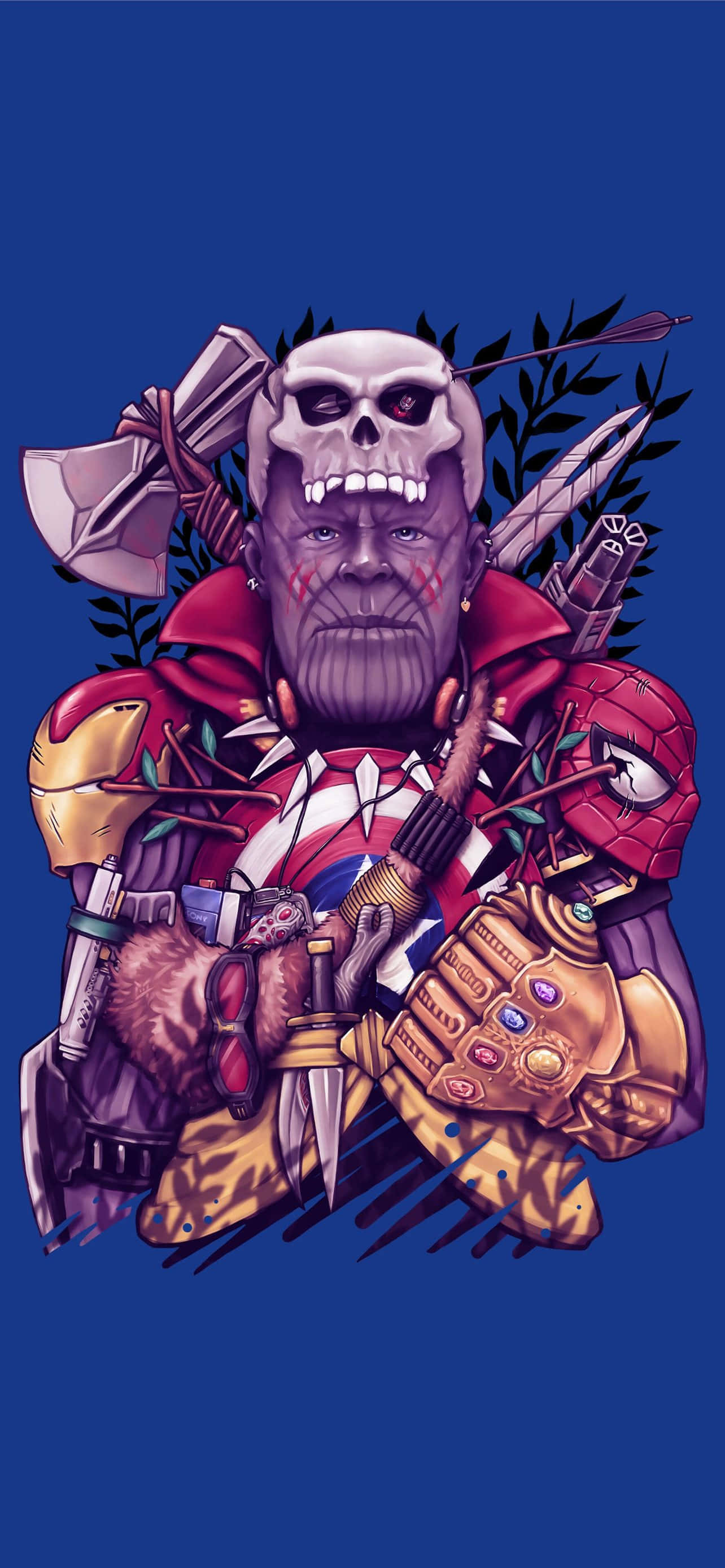 Avengers Endgame iPhone 桌布 壁紙 — 一幅風格化的插圖，描繪了薩諾斯（Thanos）頭戴骷髏頭、身披紅色斗篷，在深藍色背景中被武器和超級英雄裝備包圍。