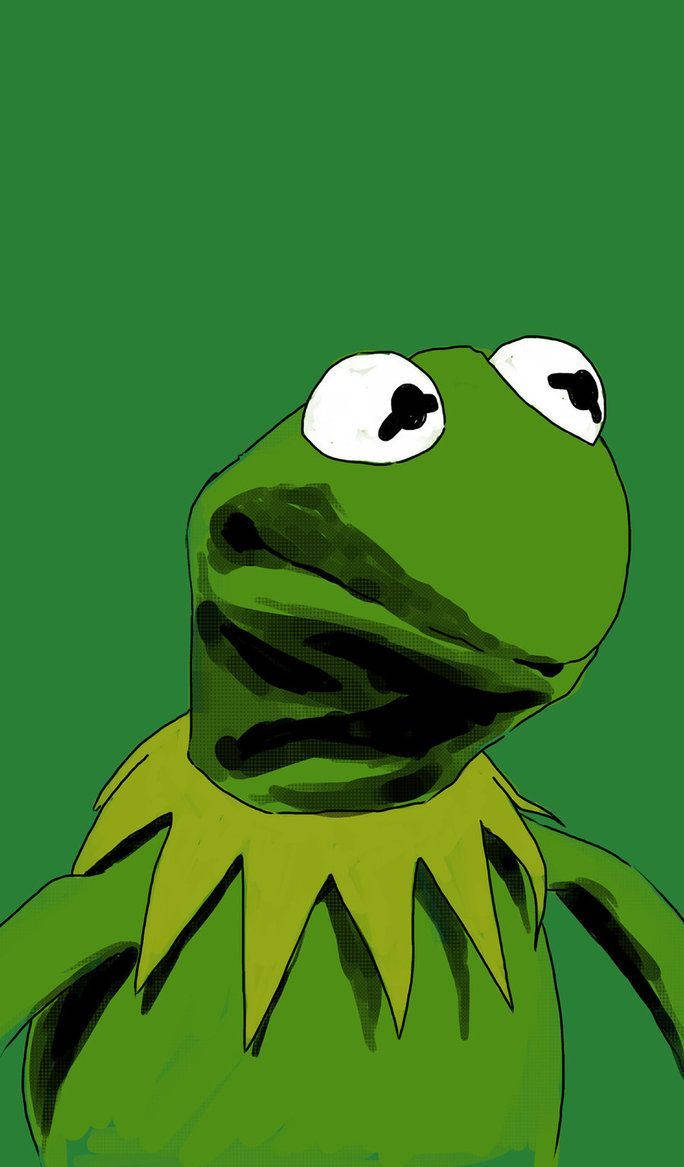 kermit 桌布 壁紙 — 一幅風格化的插圖，描繪了青蛙柯米特，睜大眼睛，帶著微妙笑容，背景為純綠色。