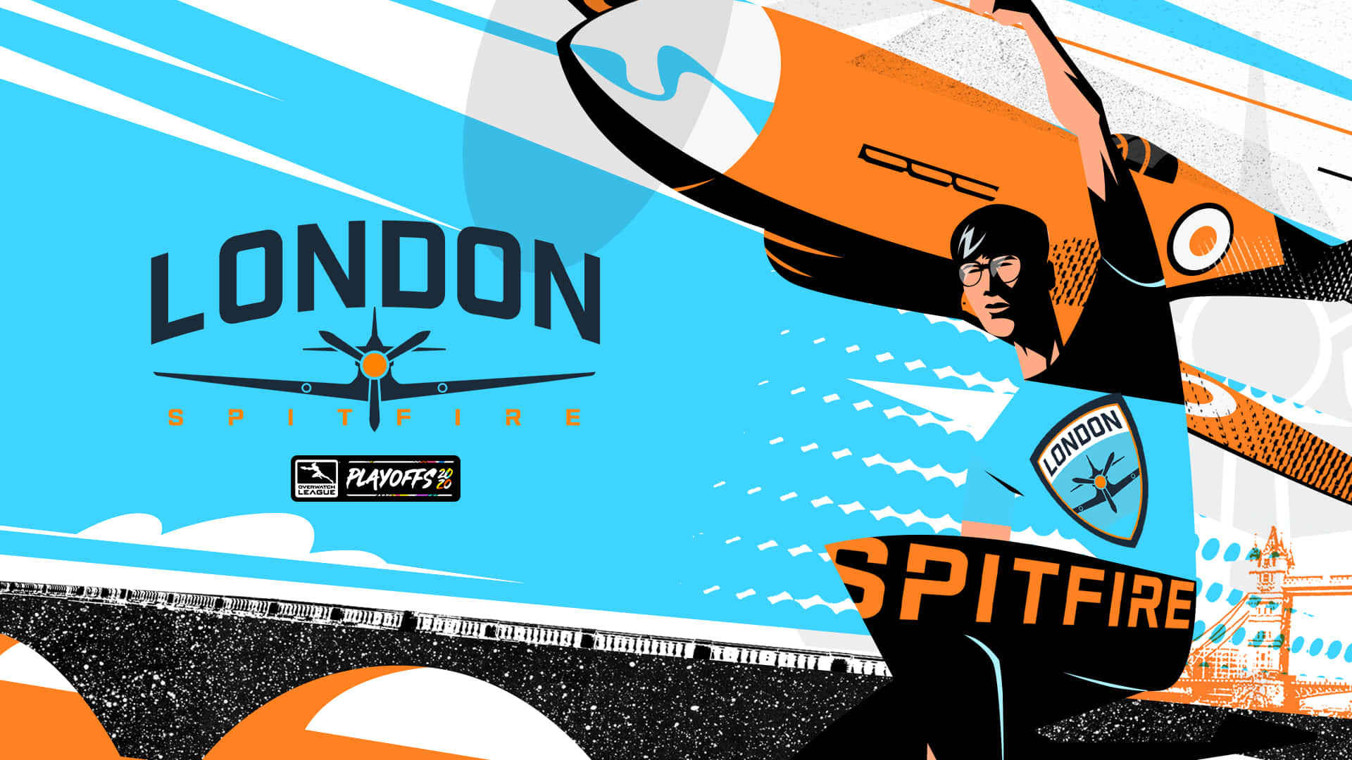 Overwatch League 桌布 壁紙 — 一幅風格化的插圖，描繪倫敦噴火戰鬥機電競選手手持戰鬥機，背景為藍天和下方的倫敦塔橋。