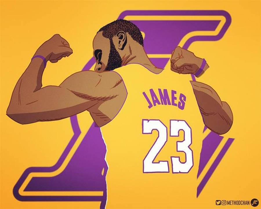 Lebron James Lakers 桌布 壁紙 — 一幅風格化的插圖，描繪勒布朗·詹姆斯身穿湖人隊球衣，在醒目的黃色和紫色背景前展示肌肉。
