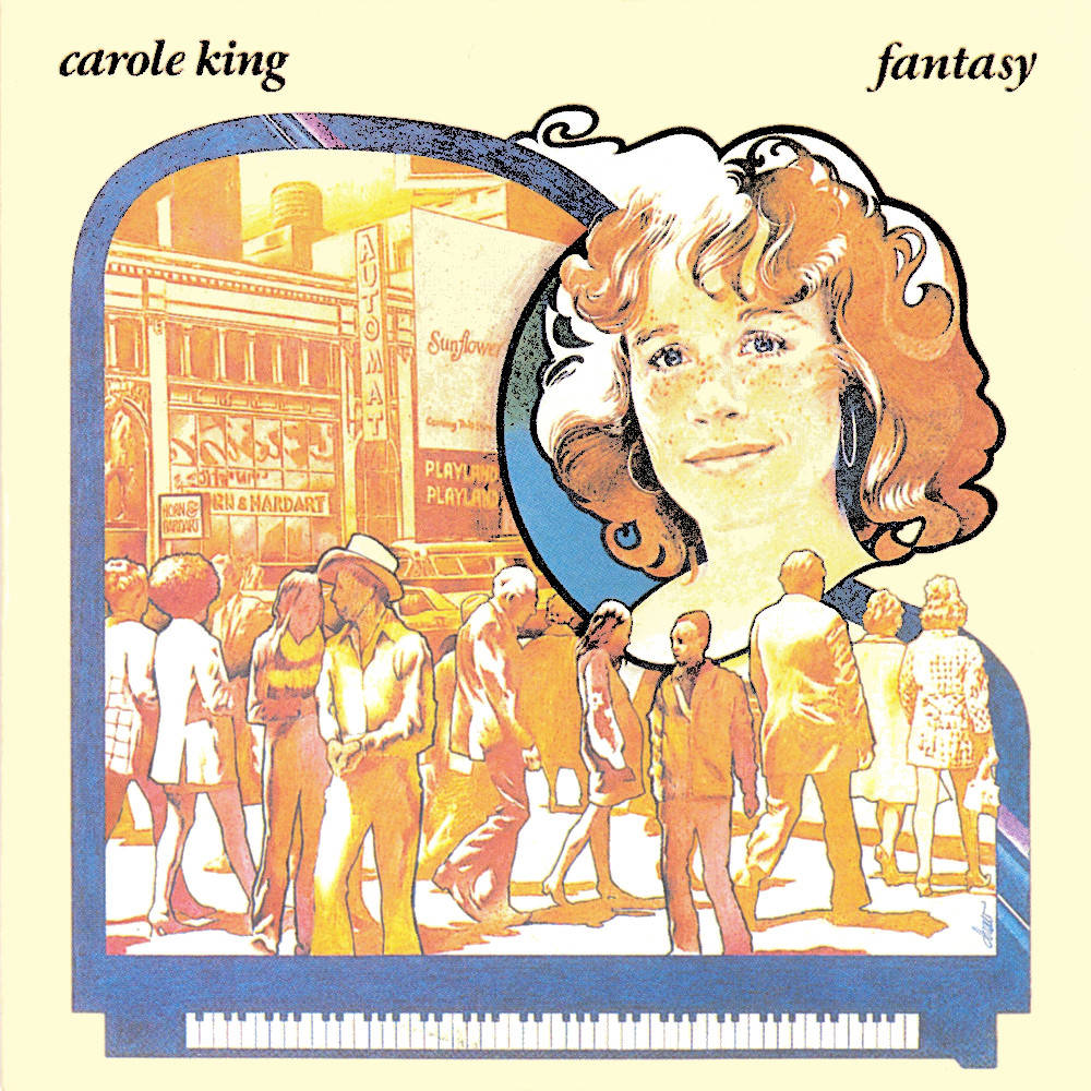 Piano 桌布 壁紙 — 一幅風格化的插圖，描繪卡洛爾·金（Carole King）的臉龐出現在陽光明媚的城市街道上的人群上方，並以鋼琴鍵盤作為框架。