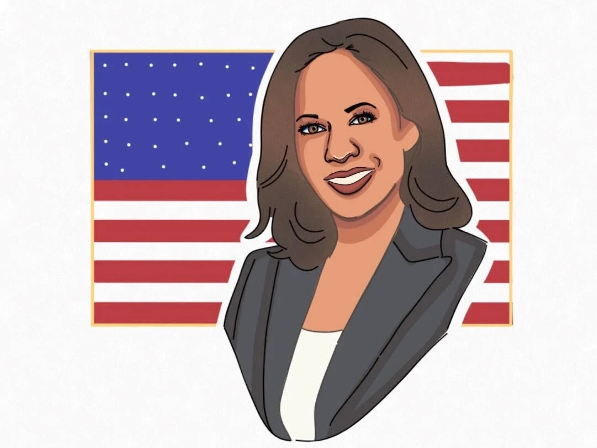 Kamala Harris 桌布 壁紙 — 一幅風格化的插圖，描繪卡瑪拉·哈里斯在愛國美國國旗背景前微笑。