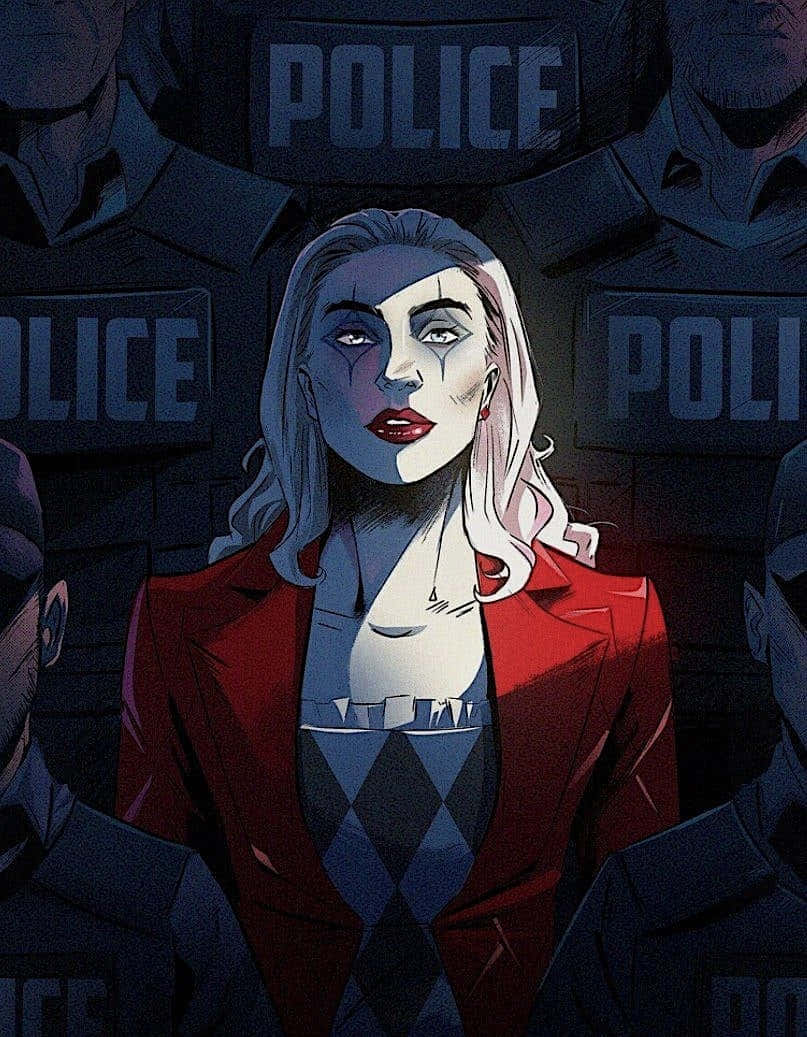Harleen Quinzel 桌布 壁紙 — 一幅風格化的插圖，描繪哈莉·奎茵身穿紅色西裝外套和丑角上衣，挑釁地站在一堵警察人牆前。