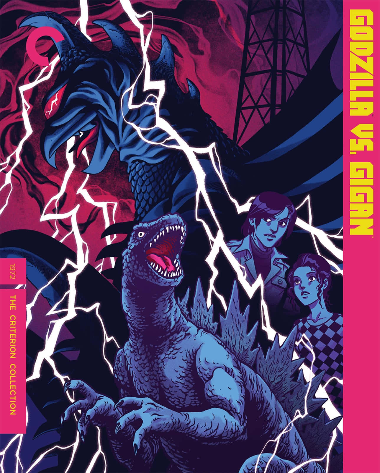 Godzilla Vs Gigan 桌布 壁紙 — 一幅風格化的插圖，描繪哥吉拉和基剛在閃電中戰鬥，兩個人在敬畏地觀看。