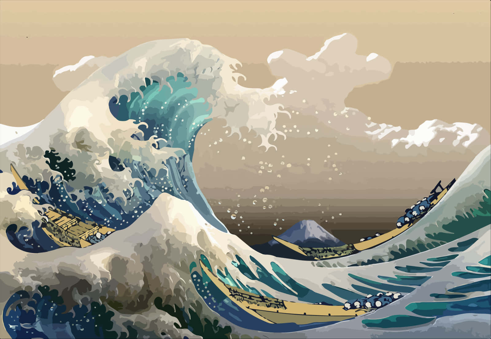 Painting 桌布 壁紙 — 一幅風格化的插圖，描繪巨浪翻湧，遠處有船隻和富士山。