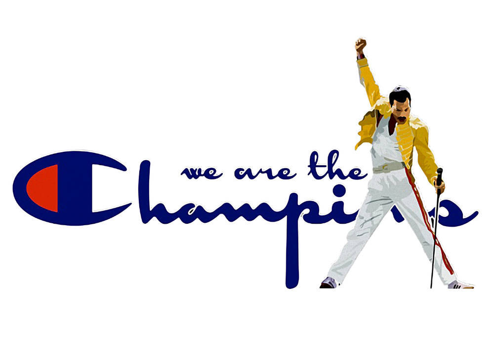 Champion Logo 桌布 壁紙 — 一幅風格化的插圖，描繪弗雷迪·默丘里身穿黃色外套和白色褲子，在Champion標誌和「we are the champions」文字旁擺出勝利姿勢。
