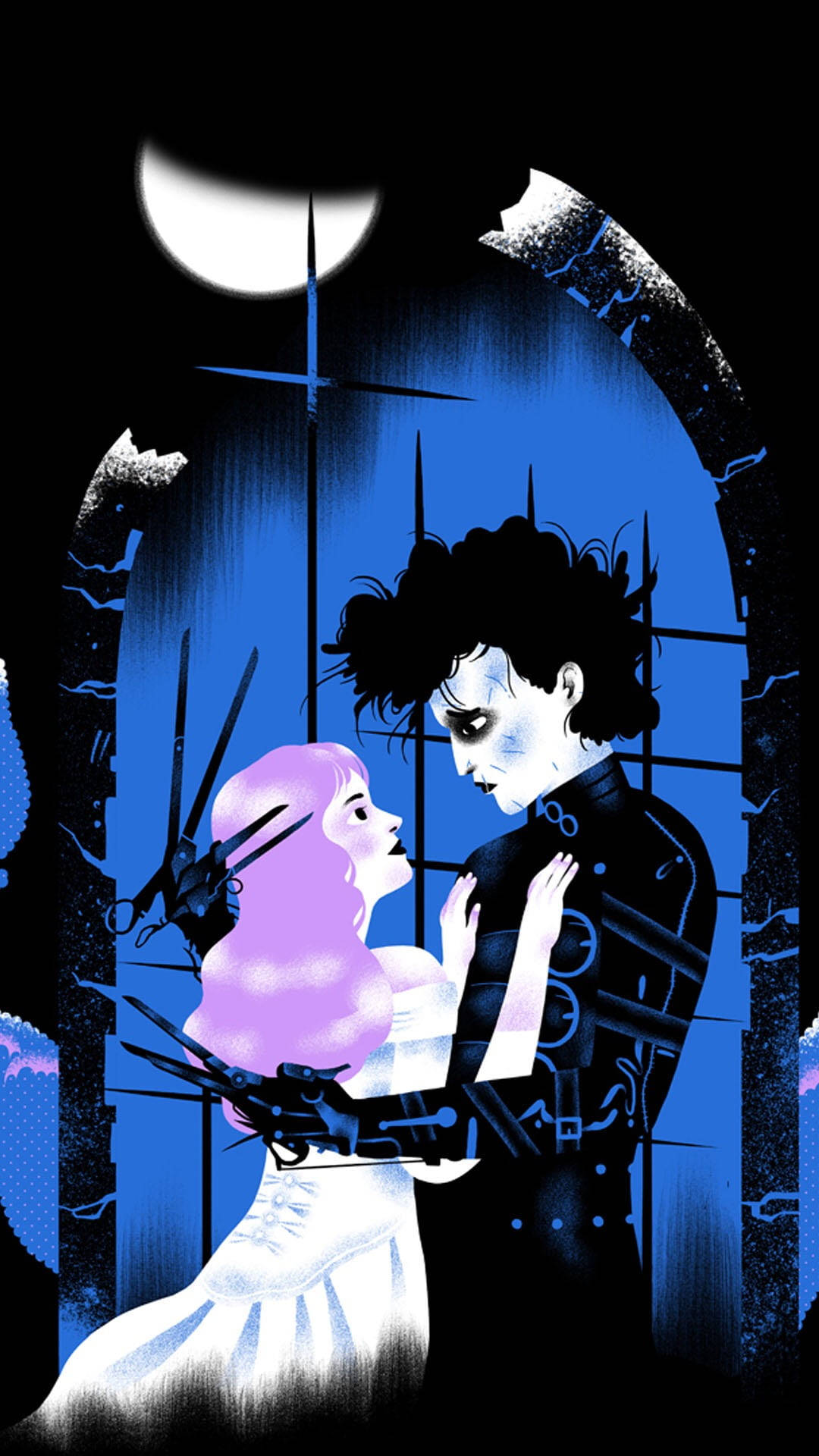 Edward Scissorhands 桌布 壁紙 — 一幅風格化的插圖，描繪愛德華和莎莉在哥德式拱門下，滿月之中，手持剪刀和尖刺互相擁抱。