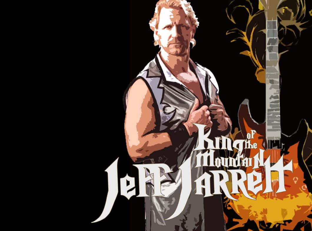 運動 桌布 壁紙 — 一幅風格化的插圖，描繪摔角手 Jeff Jarrett 拿著他的夾克，身後有一把火熱的吉他，並有粗體文字宣稱他為『King of the Mountain』。