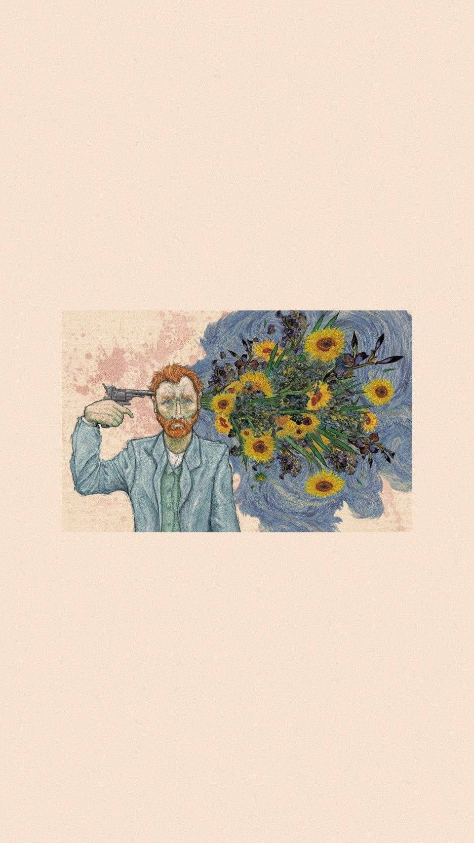 Vincent 桌布 壁紙 — 一幅風格化的插圖，描繪文森特·梵谷將槍指向自己的頭部，一束鮮豔的向日葵從他的頭骨中迸發出來，背景是旋轉的藍色。