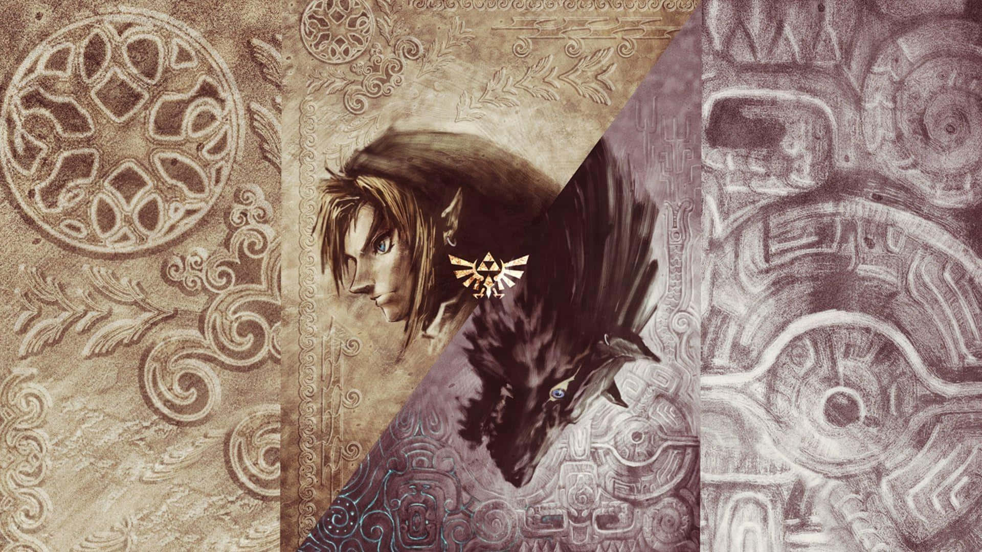 Legend Of Zelda Twilight Princess 桌布 壁紙 — 一幅風格化的插圖，描繪林克和他的狼同伴，背景是裝飾性的古代雕刻，色調為棕褐色和紫色。