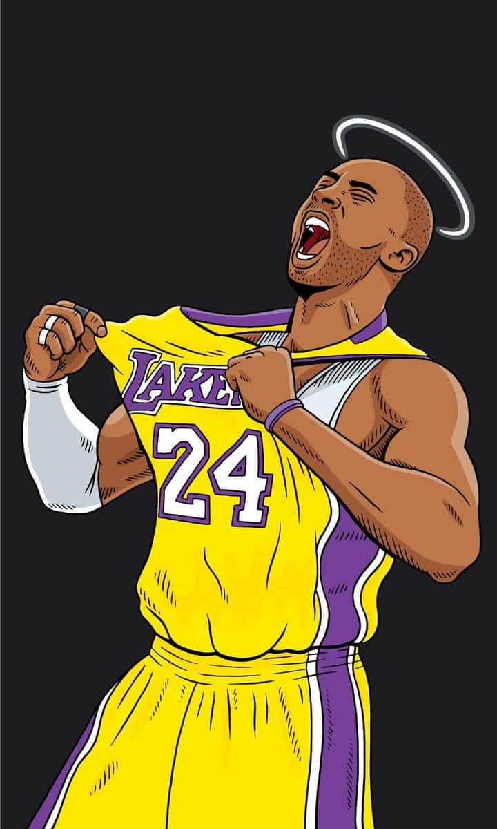 Kobe Bryant Basketball 桌布 壁紙 — 一幅風格化的插圖，描繪柯比·布萊恩穿著湖人球衣撕開它，頭上有光環，背景為深色。