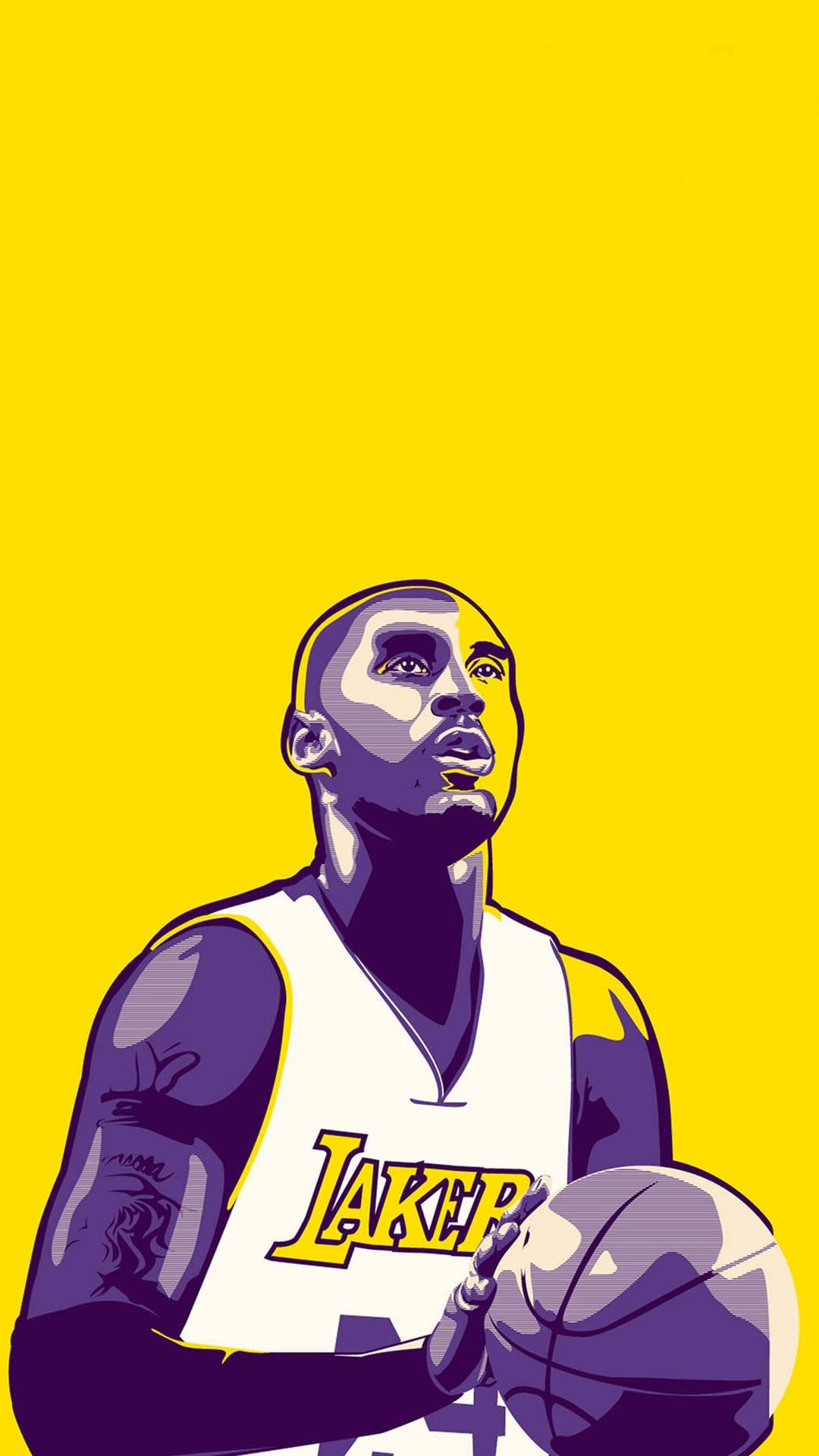 Kobe Bryant iPhone 桌布 壁紙 — 一幅風格化的插圖，描繪柯比·布萊恩穿著湖人隊球衣，在鮮黃色背景前手持籃球。