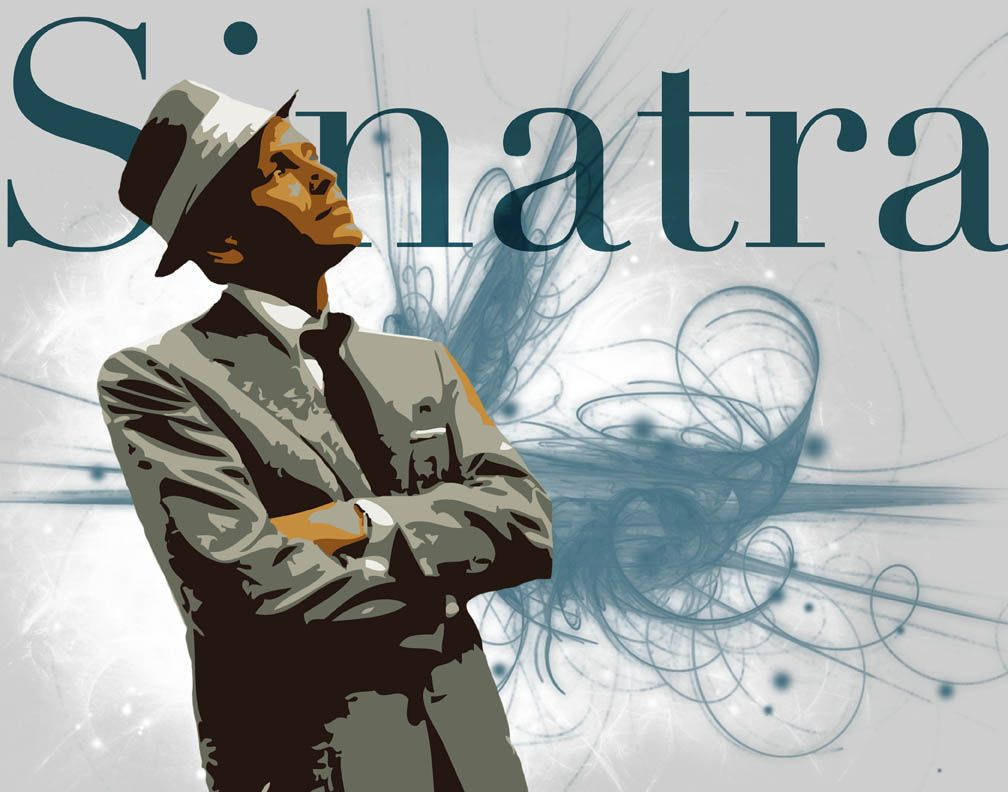 Sinatra 桌布 壁紙 — 一幅風格化的插圖，描繪法蘭克·辛納屈身穿西裝、戴著費多拉帽，雙臂交叉，背景是旋轉的藍色抽象圖案。