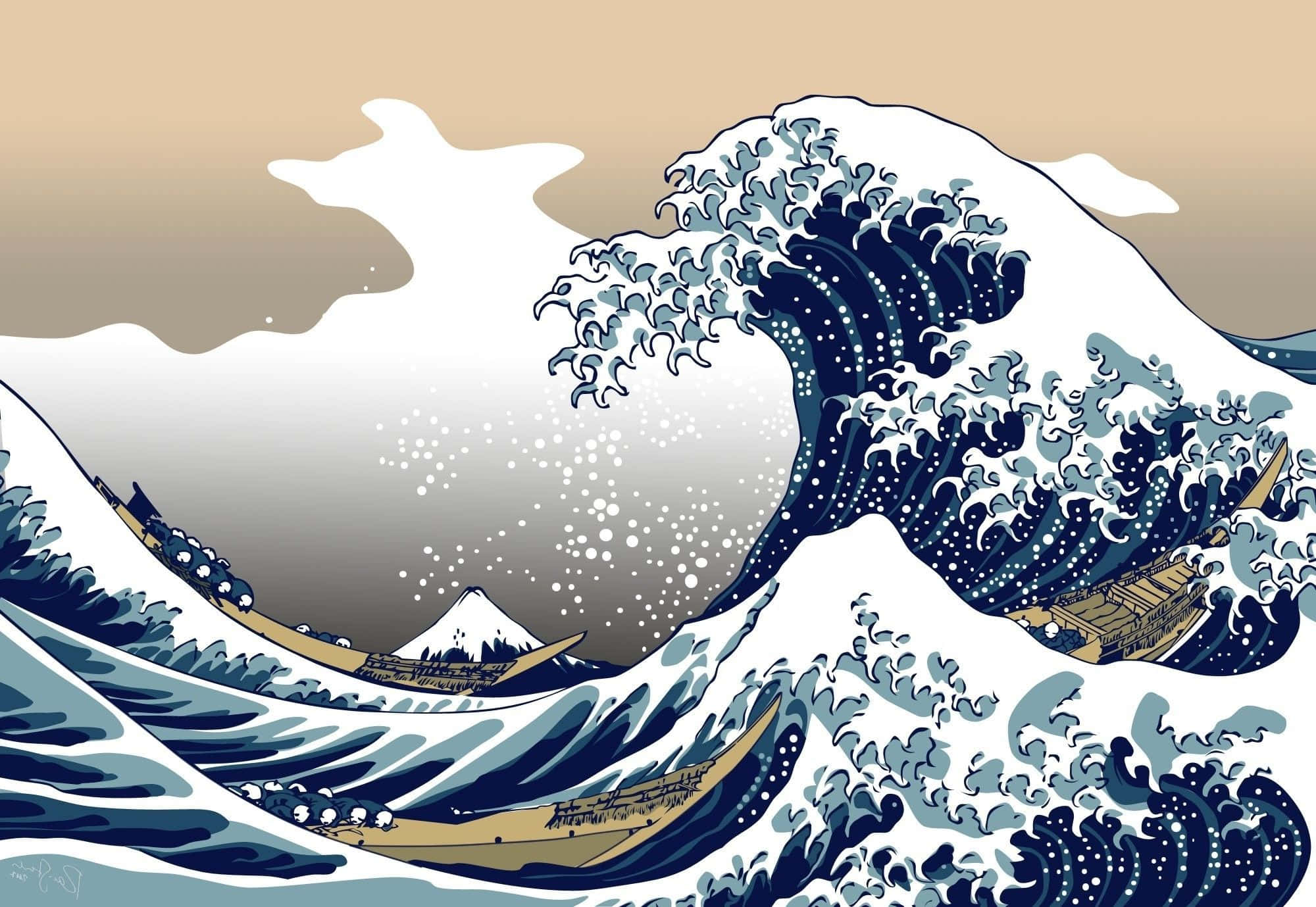 The Great Wave 桌布 壁紙 — 一幅風格化的插圖，描繪神奈川沖浪裏，遠方有富士山，小船在巨大的藍白波浪中掙扎。