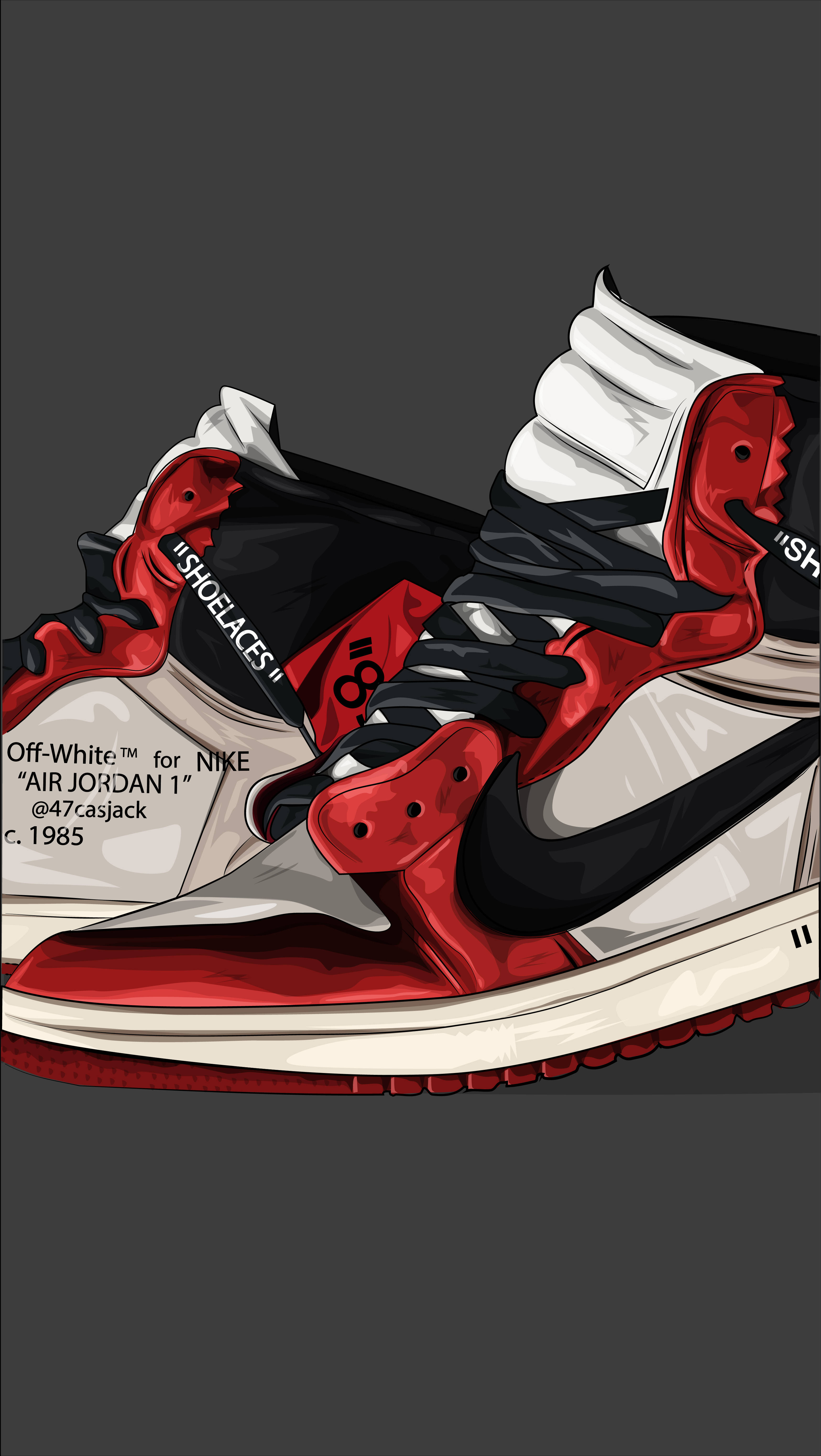 Nike 桌布 壁紙 — 一幅風格化的插圖，描繪紅、黑、白色的 Off White x Air Jordan 1 運動鞋，背景為深灰色。