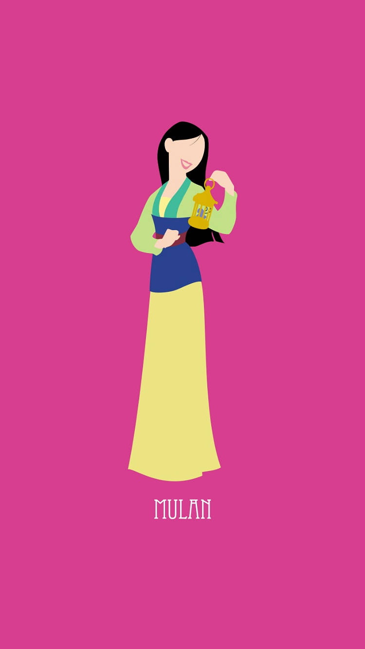 Mulan 桌布 壁紙 — 一幅風格化的插圖，描繪花木蘭穿著傳統服飾，手持燈籠，背景為充滿活力的粉紅色。