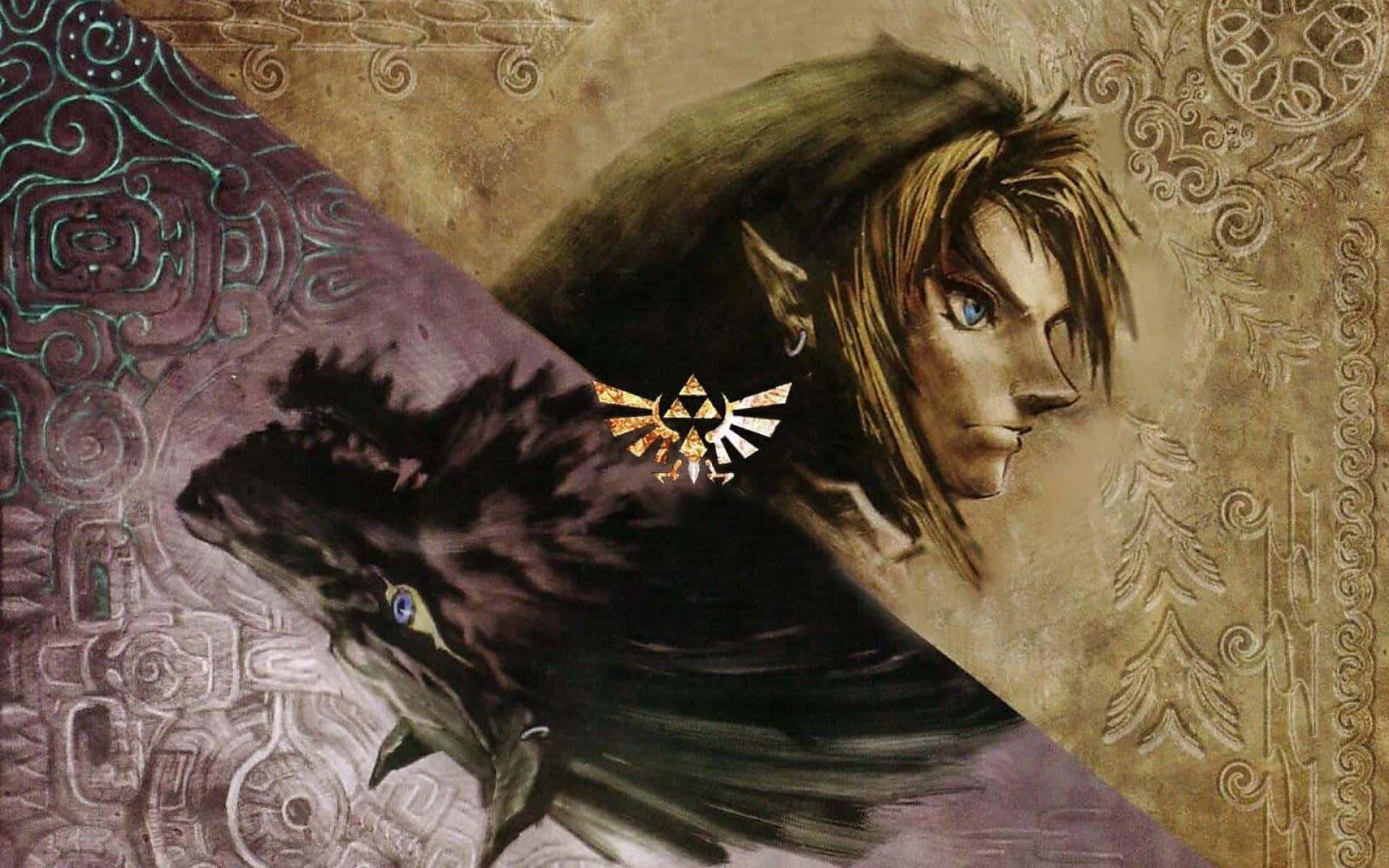 Legend Of Zelda Twilight Princess 桌布 壁紙 — 一幅風格化的插圖，描繪薩爾達傳說中的林克手持金色三角力量標誌，背景是華麗的紫色和金色圖案。