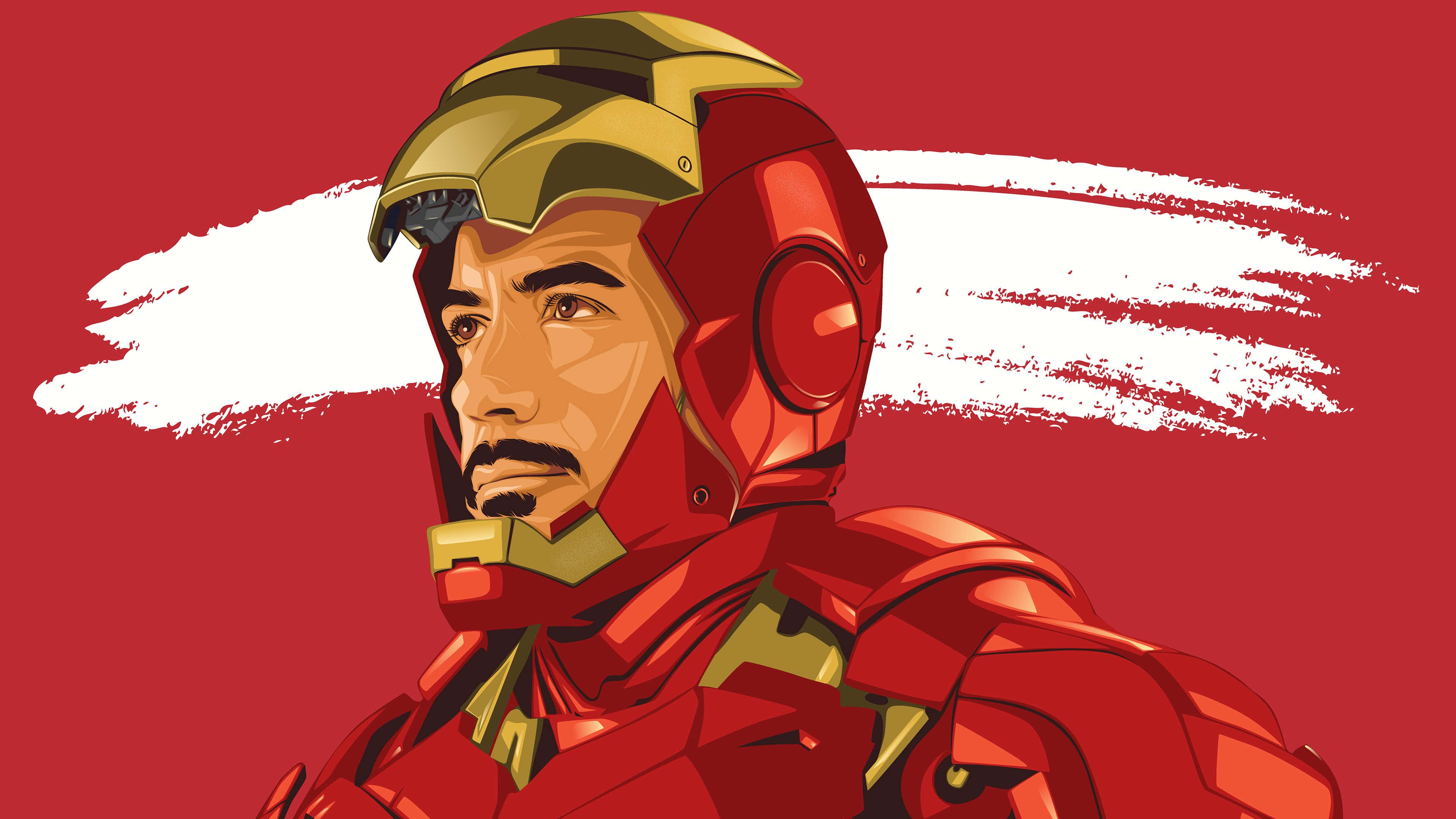 Iron Man Art 桌布 壁紙 — 一幅風格化的插圖，描繪身穿紅色和金色盔甲的鋼鐵人，背景為帶有白色筆觸的醒目紅色。