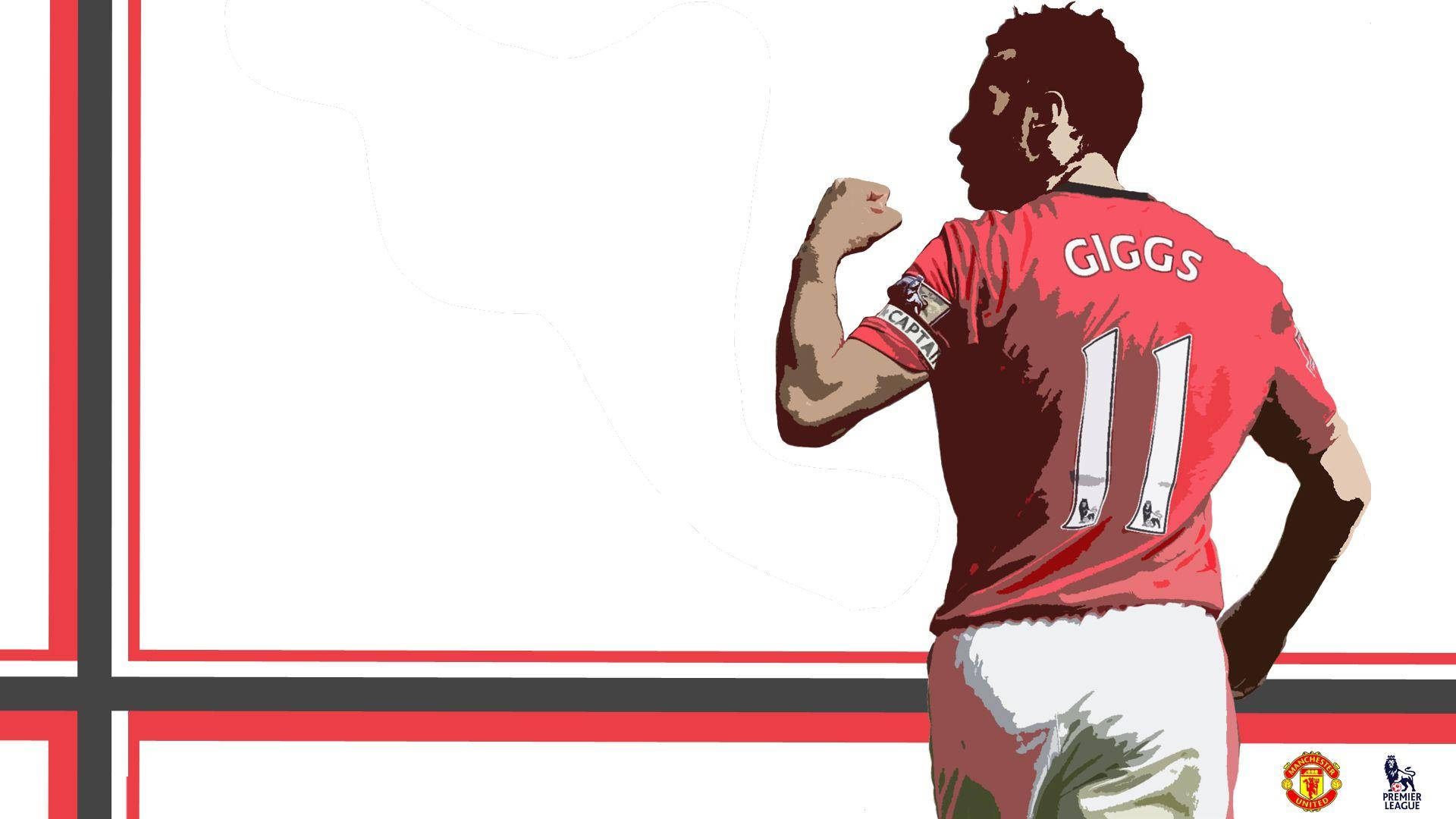 Ryan Giggs 桌布 壁紙 — 一幅風格化的插圖，描繪身穿紅色曼聯球衣的瑞恩·吉格斯在極簡的紅、黑、白背景中彎曲手臂。