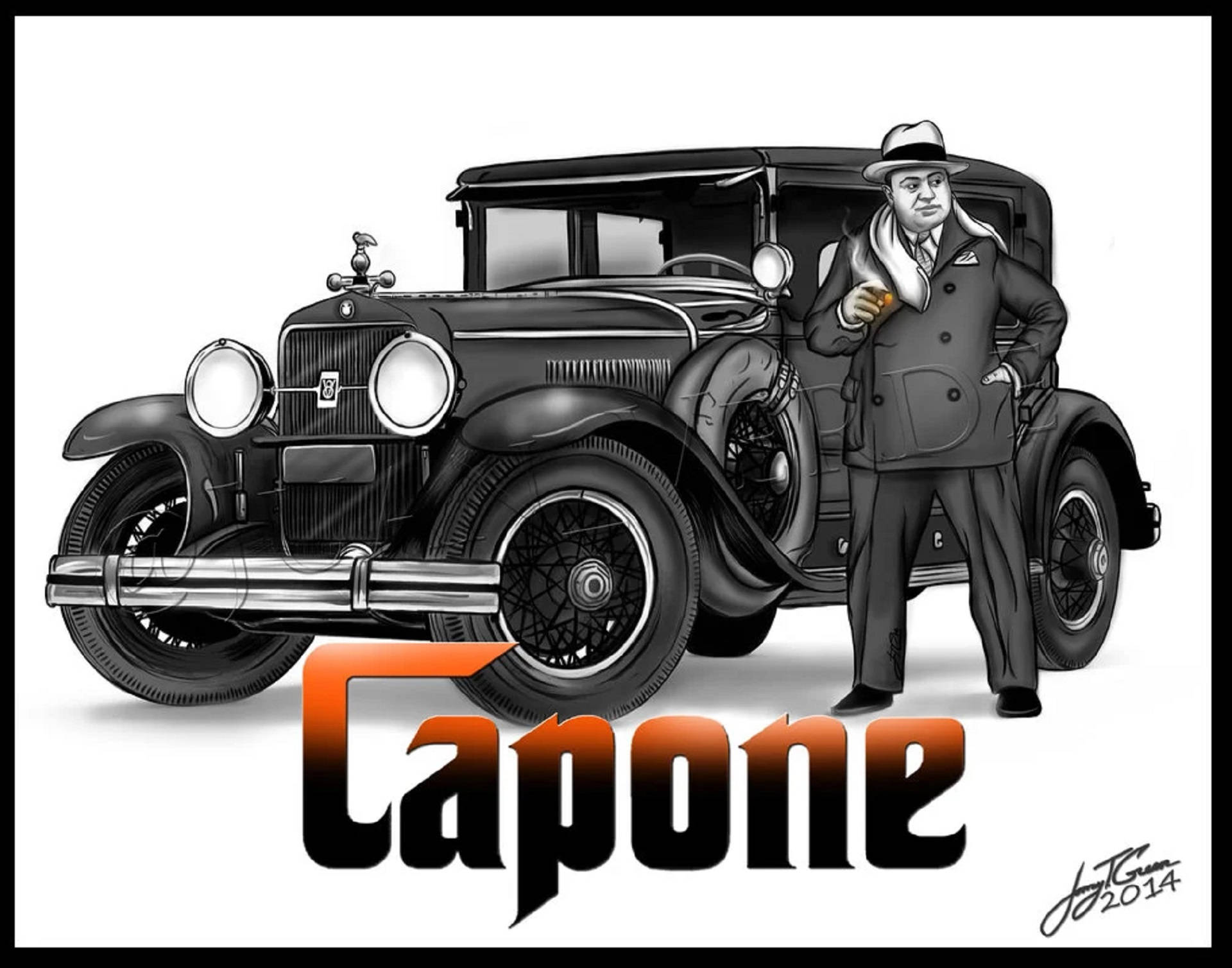 Capone 桌布 壁紙 — 一幅風格化的插圖，描繪阿爾·卡彭戴著軟呢帽和外套，站在一輛1930年代復古汽車旁，下方有粗體橙色「Capone」文字。