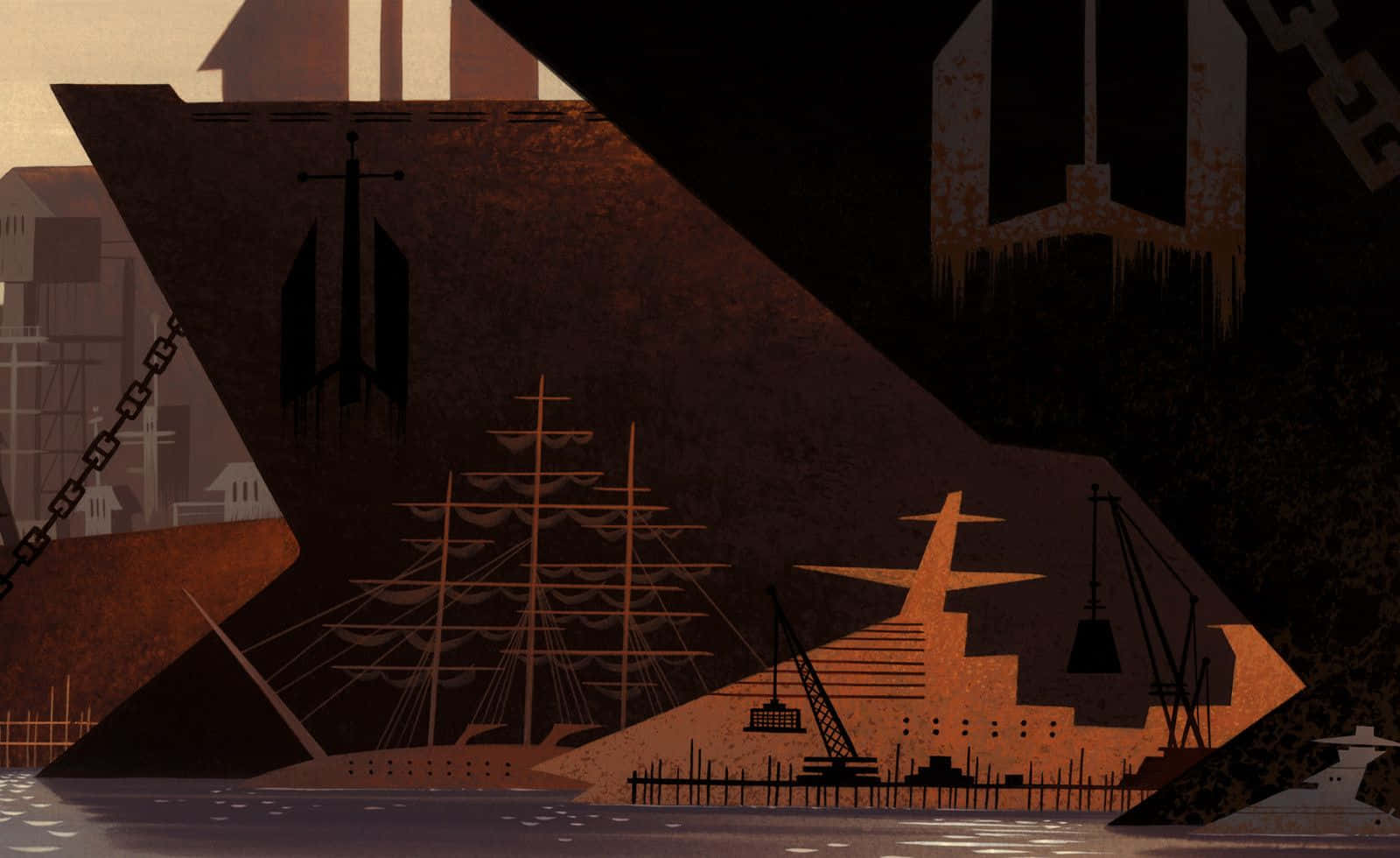 samurai jack 桌布 壁紙 — 一幅風格化的插圖，描繪黃昏時分的造船廠，帆船和起重機的剪影映襯在鏽紅色的天空下。